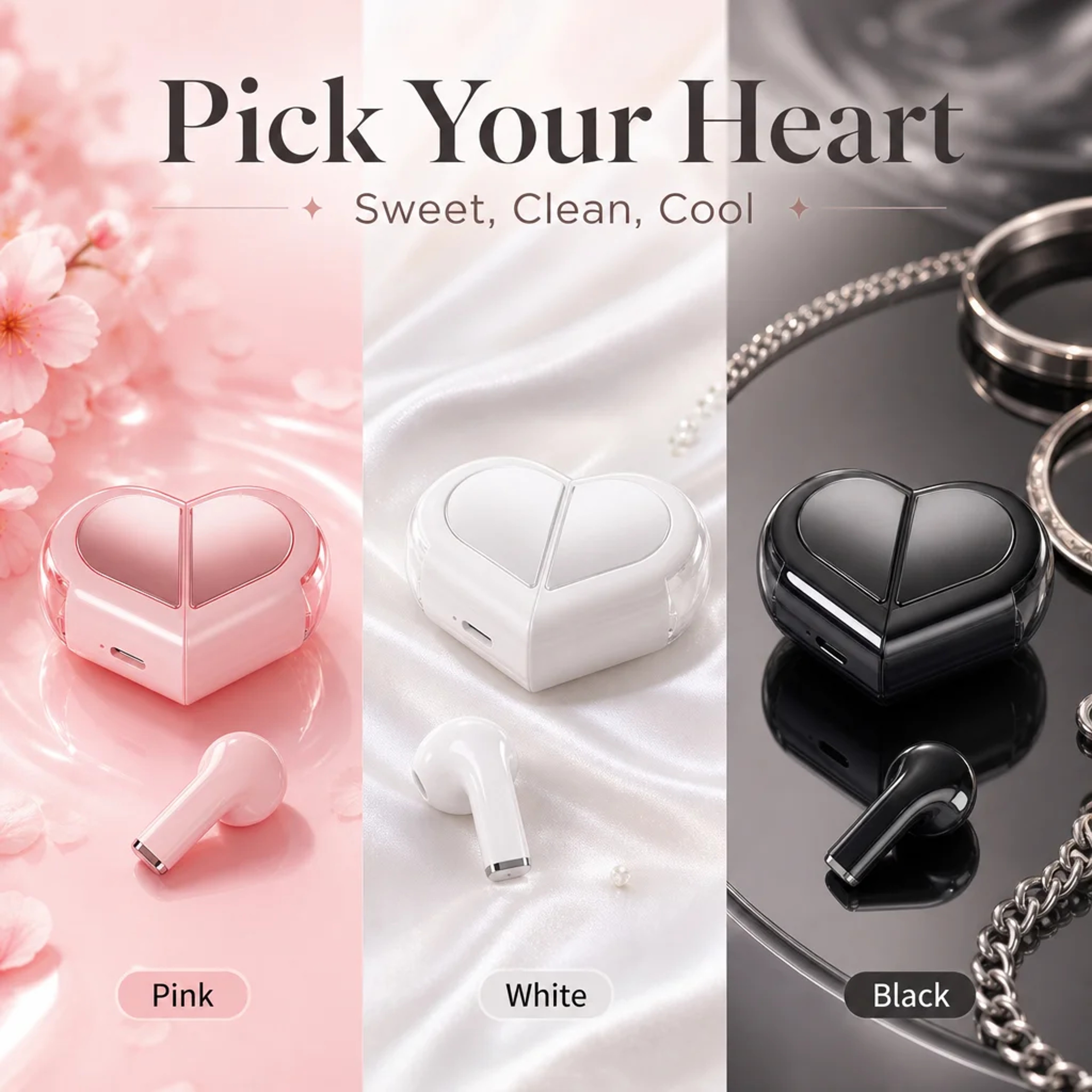 Heart Shaped Wireless Bluetooth Earbuds With HiFi Sound  Noise Reduction Charging Case 2