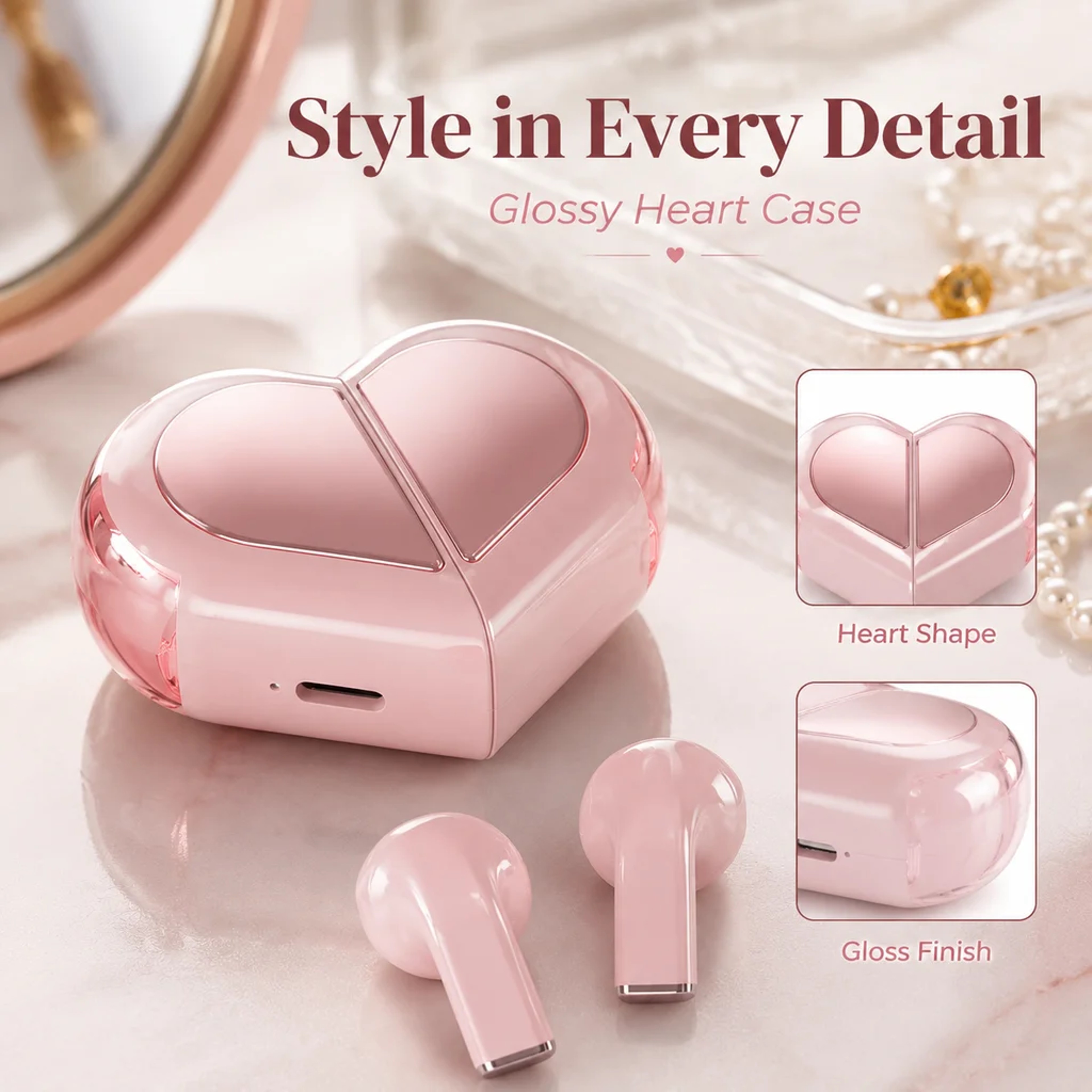 Heart Shaped Wireless Bluetooth Earbuds With HiFi Sound  Noise Reduction Charging Case 3