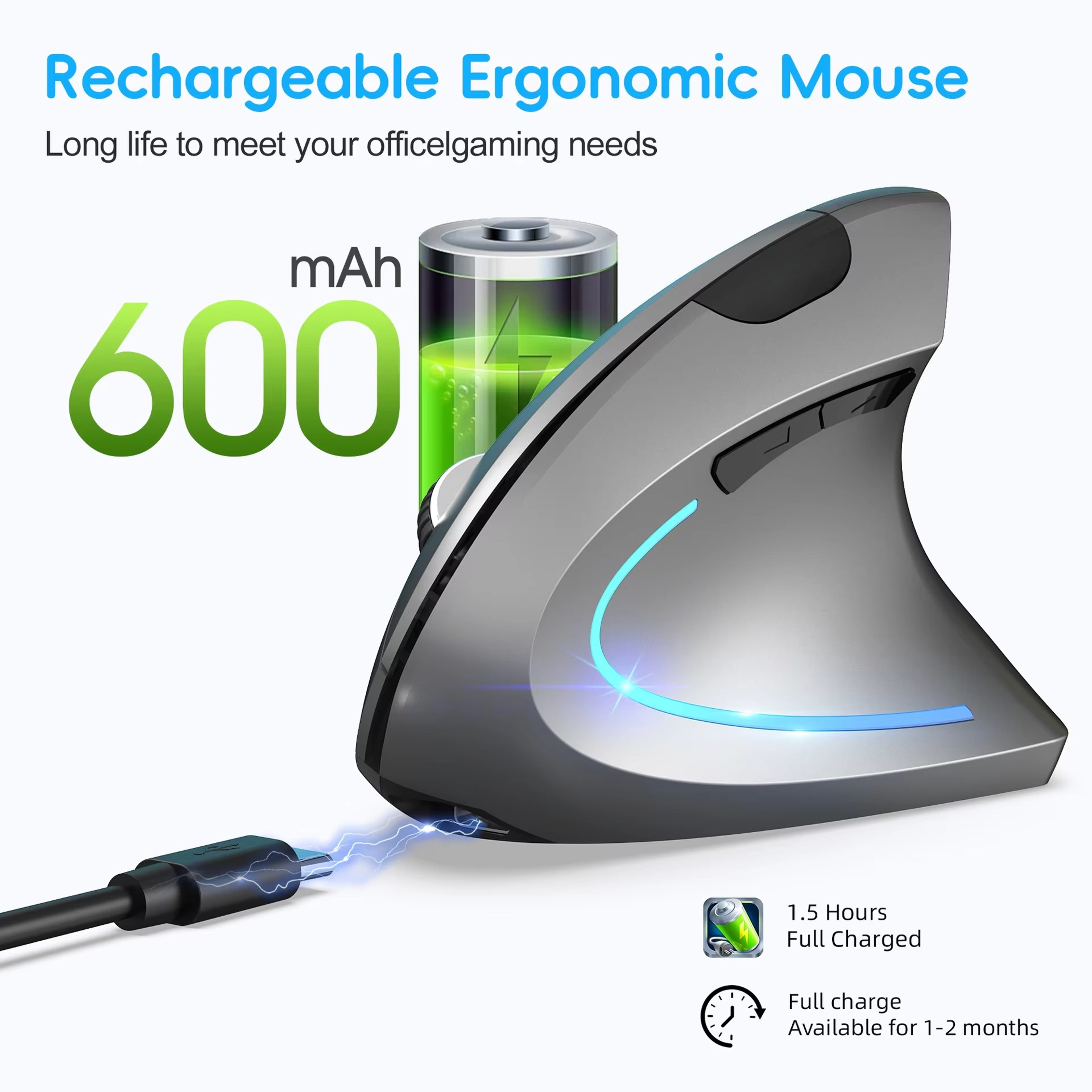 Vertical Ergonomic Gaming Mouse Wireless Rechargeable Optical Mouse For PC  Laptop 2
