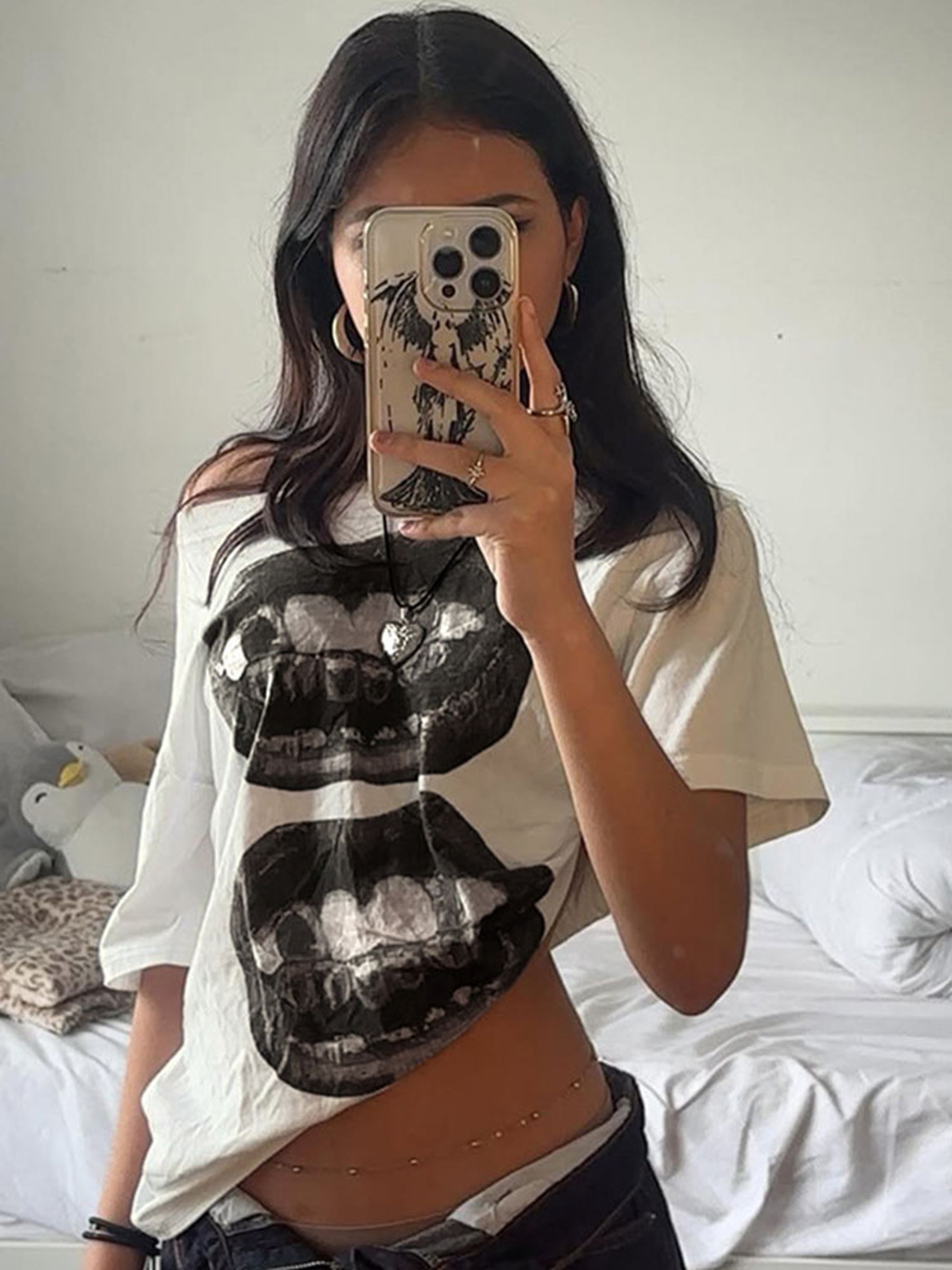 Oversized Graphic T Shirt For Women Hip Hop Mouth Print Loose Fit Streetwear Tee 2