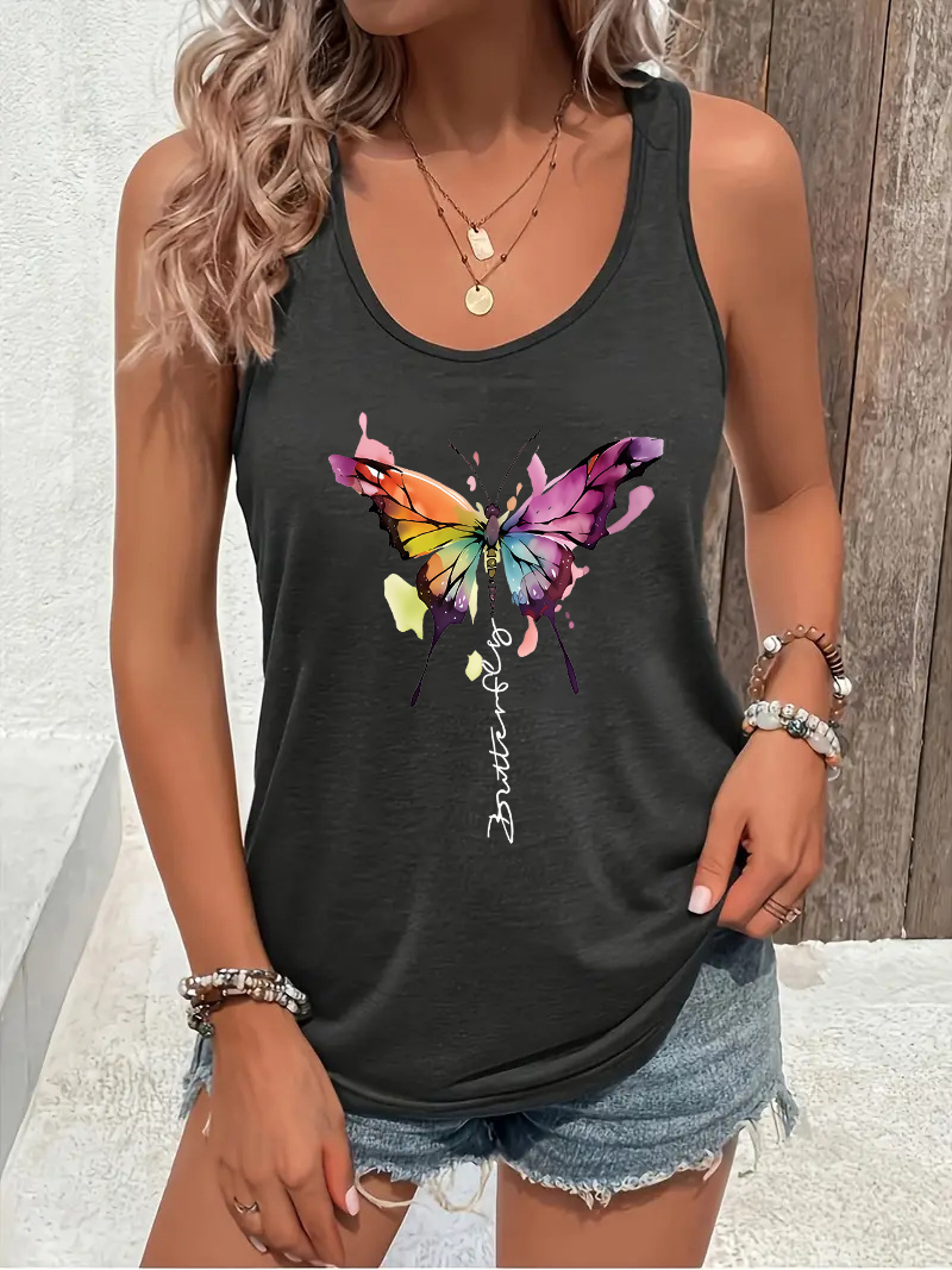 Butterfly Print Tank Top For Women Casual Summer Crew Neck Sleeveless Shirt 3