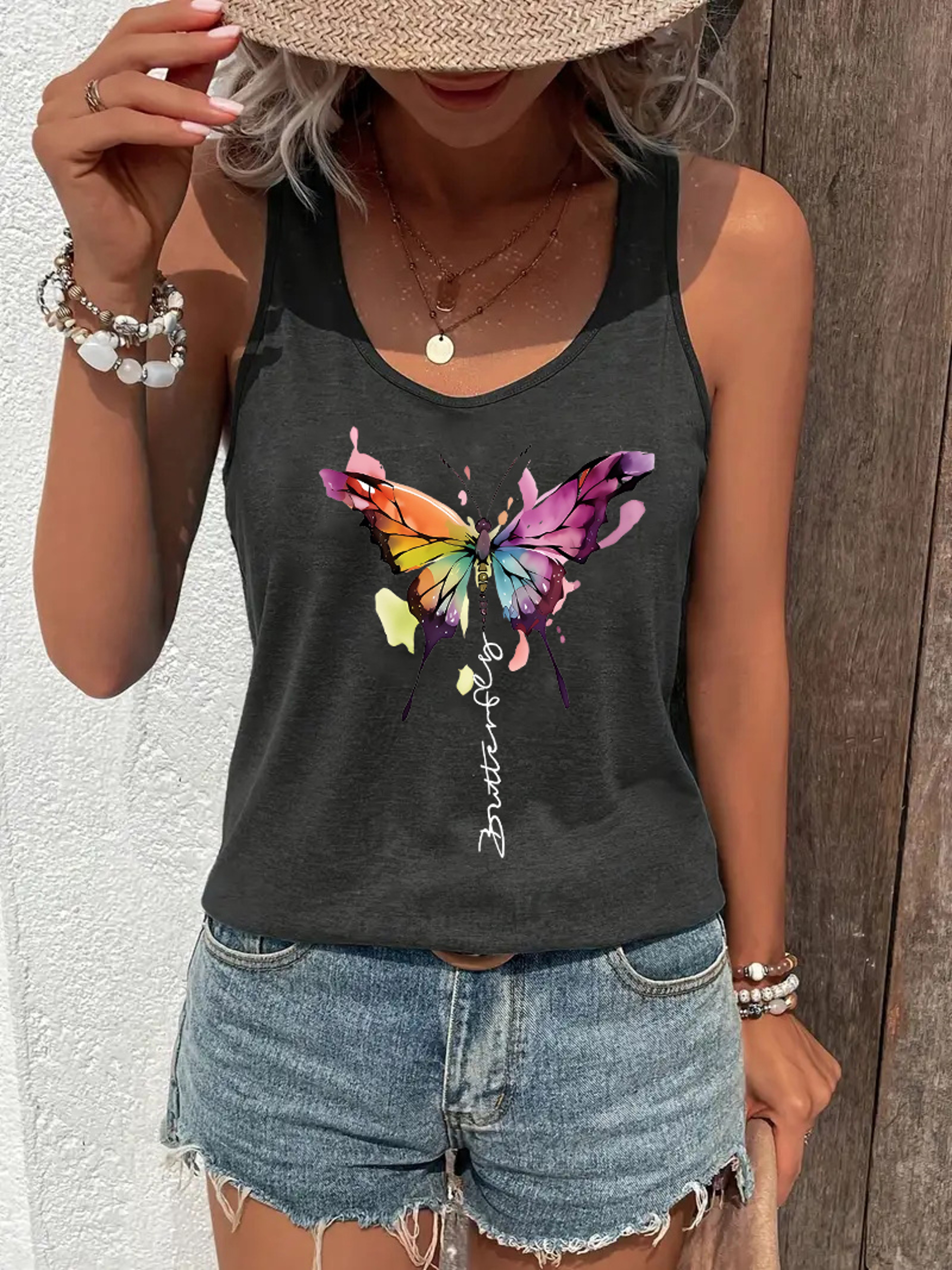 Butterfly Print Tank Top For Women Casual Summer Crew Neck Sleeveless Shirt 4