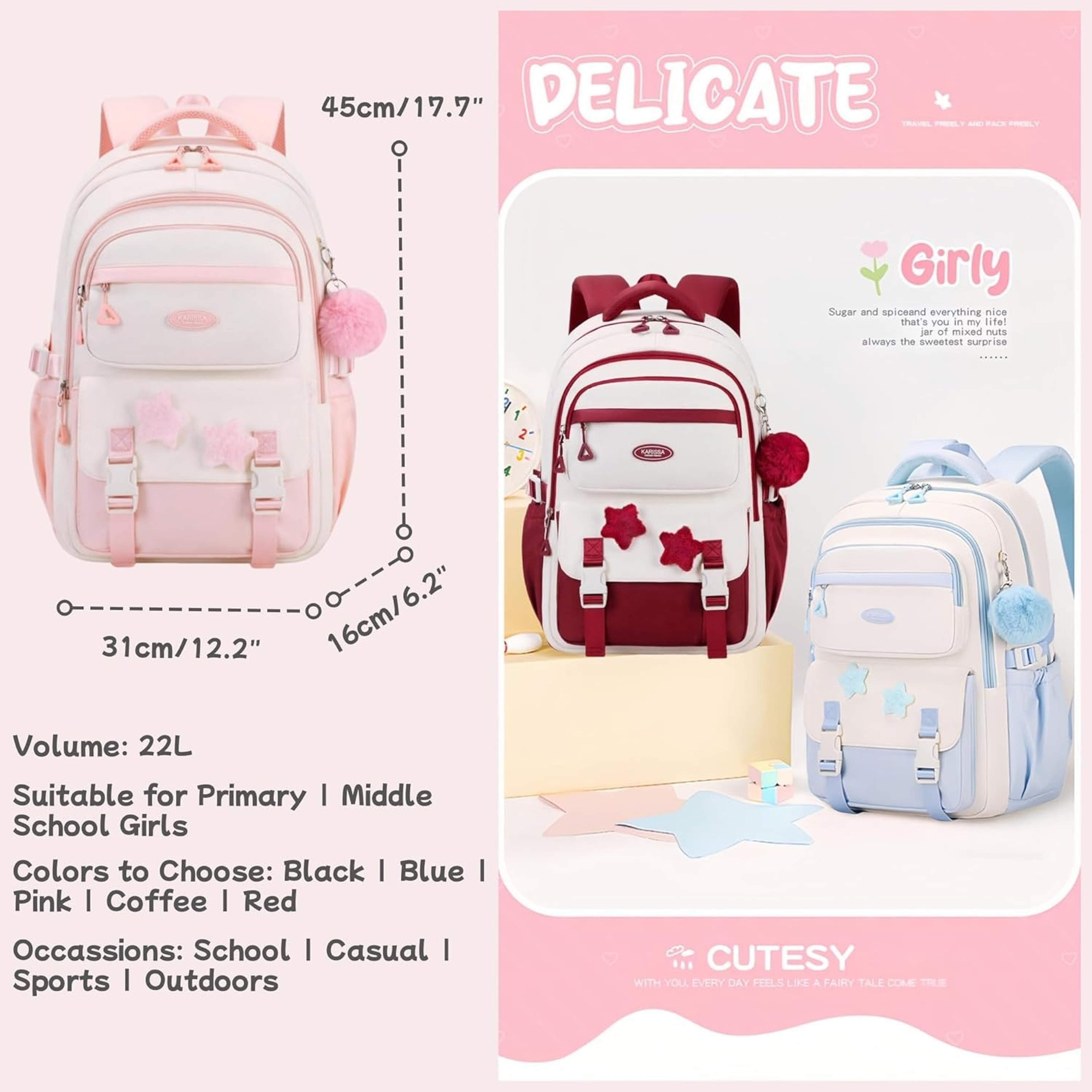 Cute girls school backpack with Star Pins & Furry Charm, back to school backpack for Teen Girls – view 2
