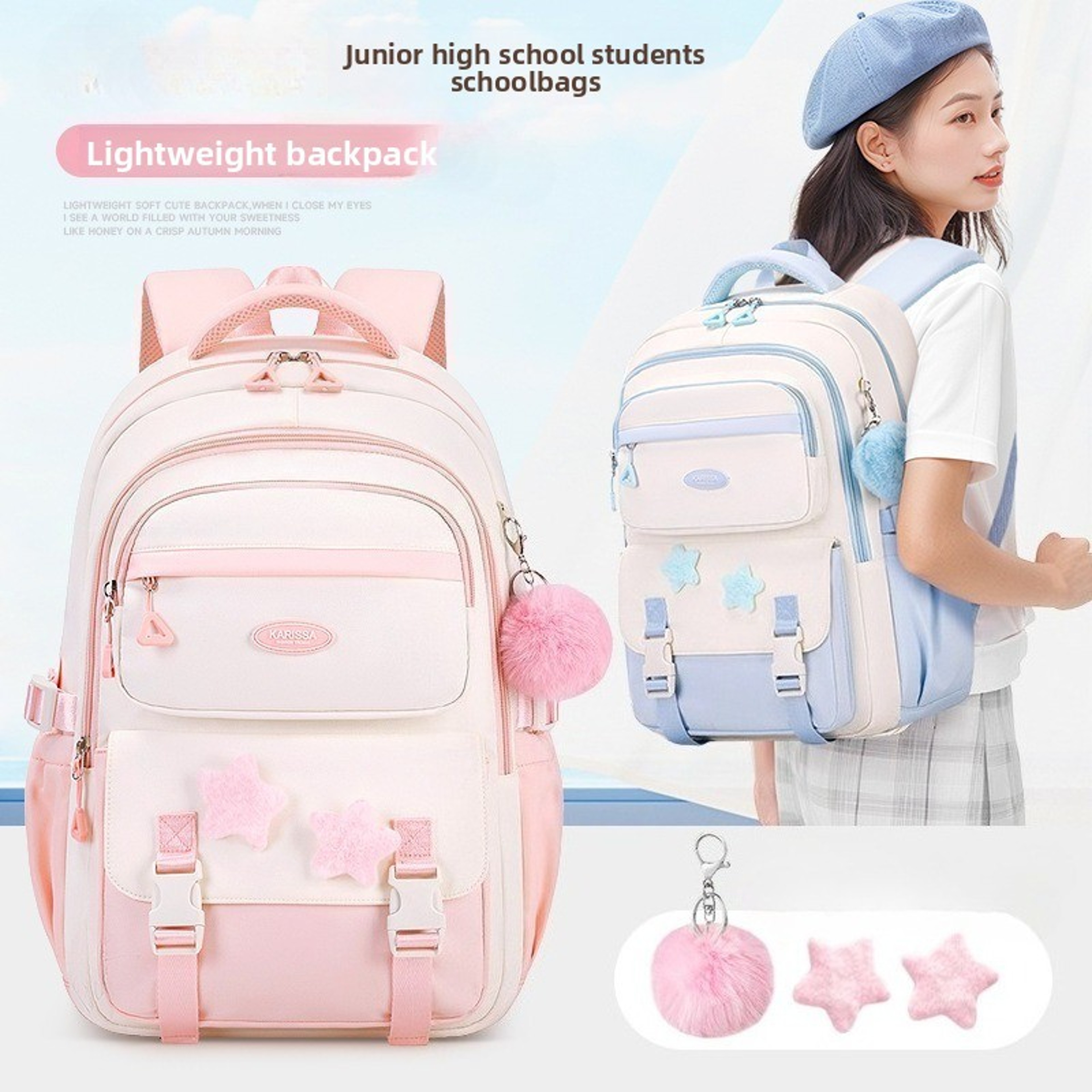 Cute girls school backpack with Star Pins & Furry Charm, back to school backpack for Teen Girls – view 4