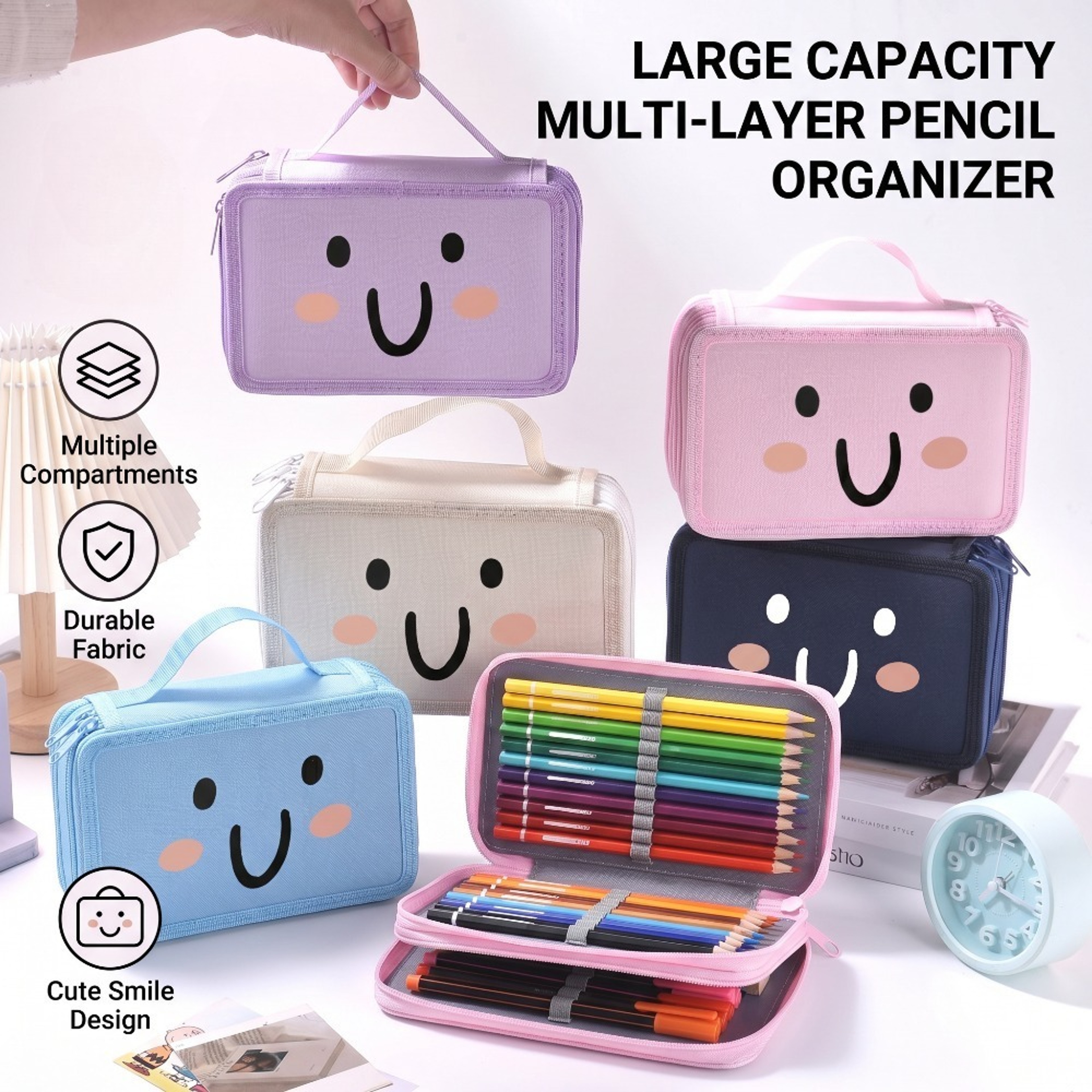 Large Capacity Pencil Case With Smiley Face Cute Pencil Pouch  Desk Organizer 1