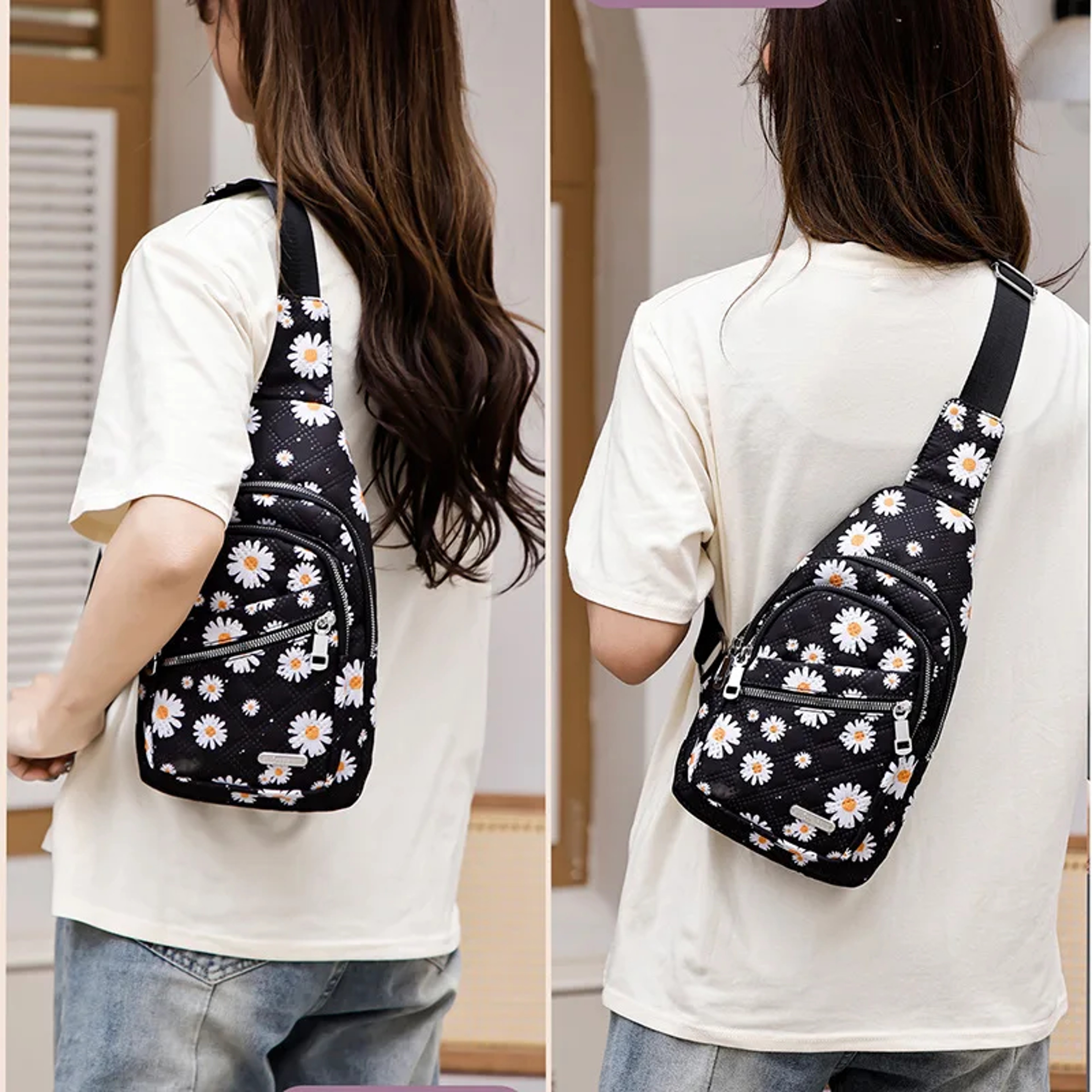 Floral Nylon Sling Bag For Women Travel Crossbody Chest Pack Back To School Backpack 1