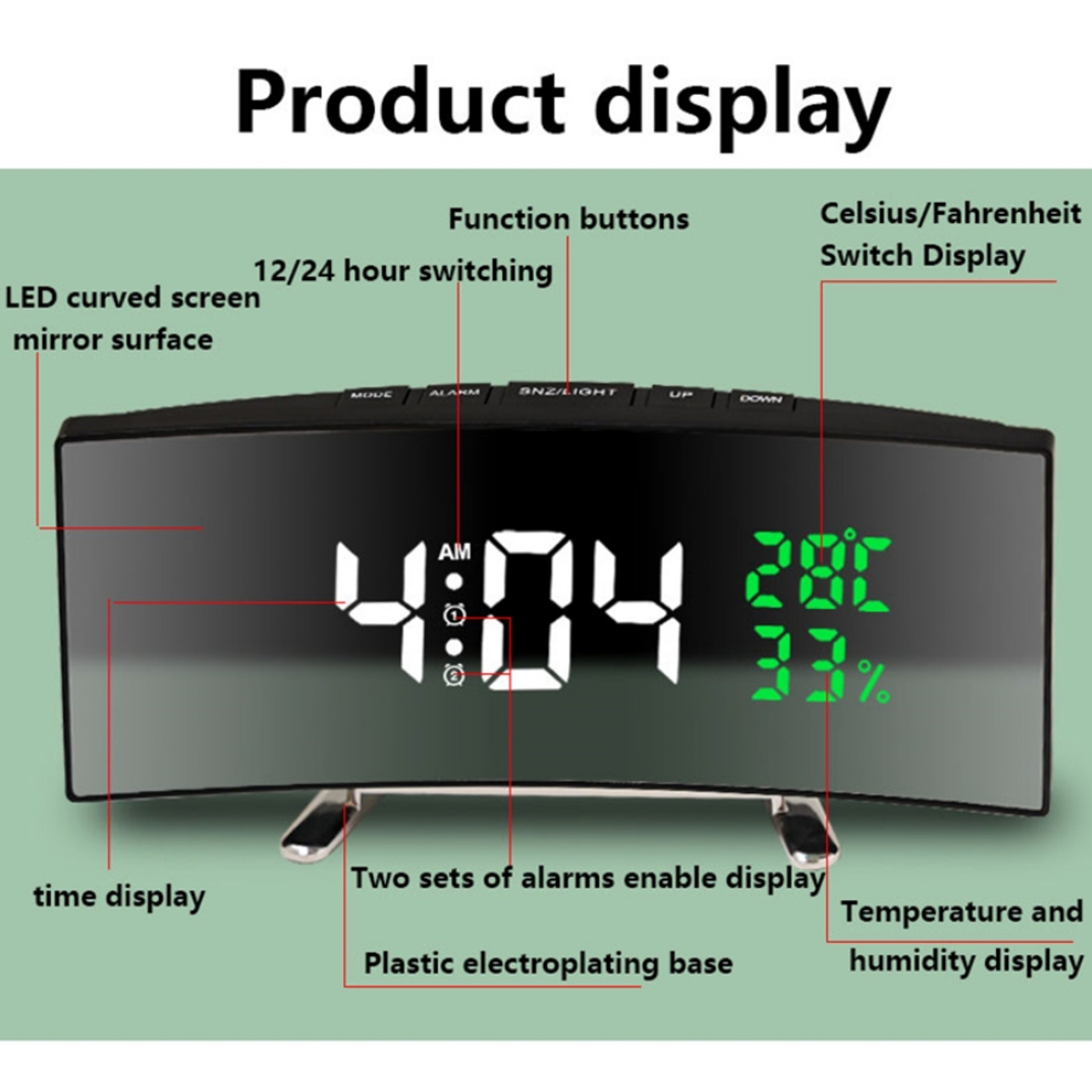 Curved Digital Alarm Clock With LED Display Temperature Date  Snooze For Bedside Desk 3
