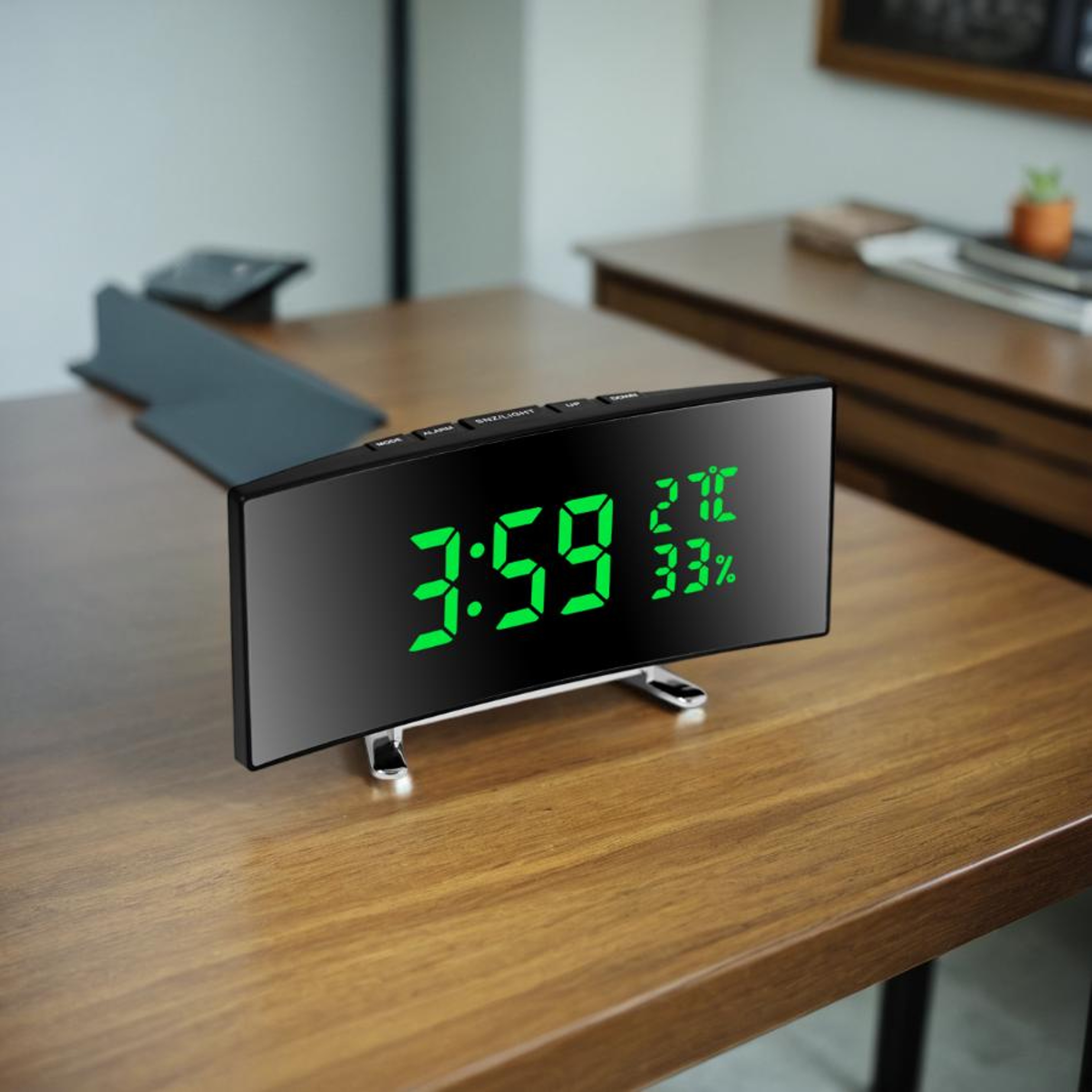 Curved Digital Alarm Clock With LED Display Temperature Date  Snooze For Bedside Desk 8