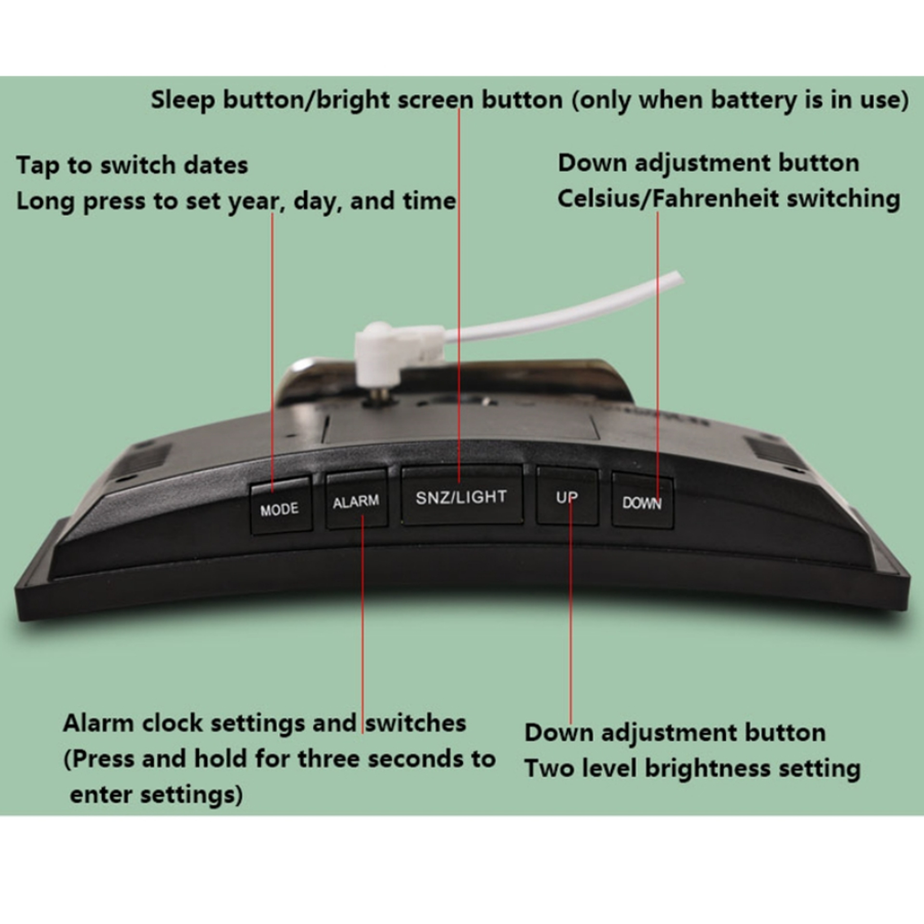 Curved Digital Alarm Clock With LED Display Temperature Date  Snooze For Bedside Desk 4