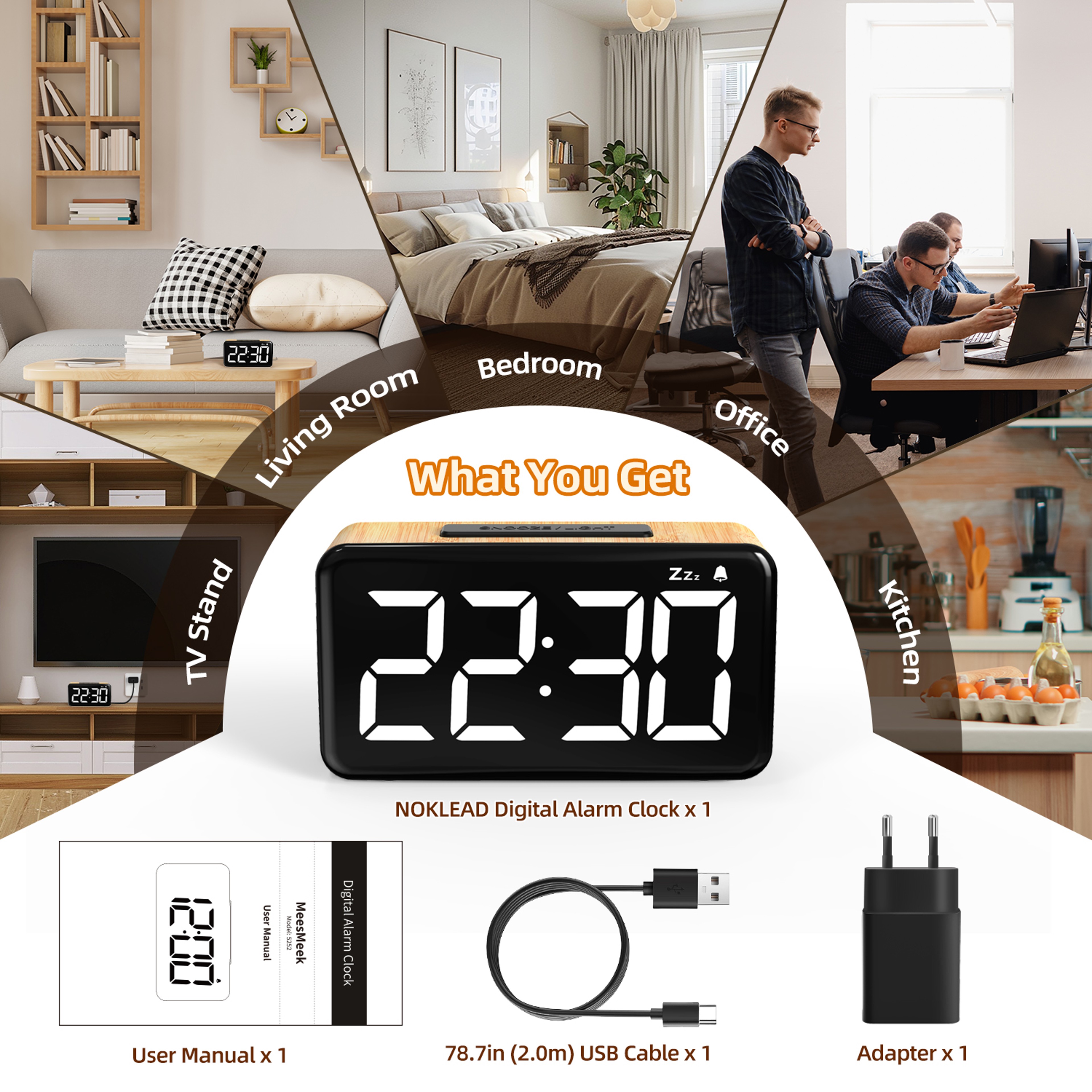 Wooden Digital Alarm Clock with LED Display, Adjustable Brightness & USB Powered Bedside Clock – view 6