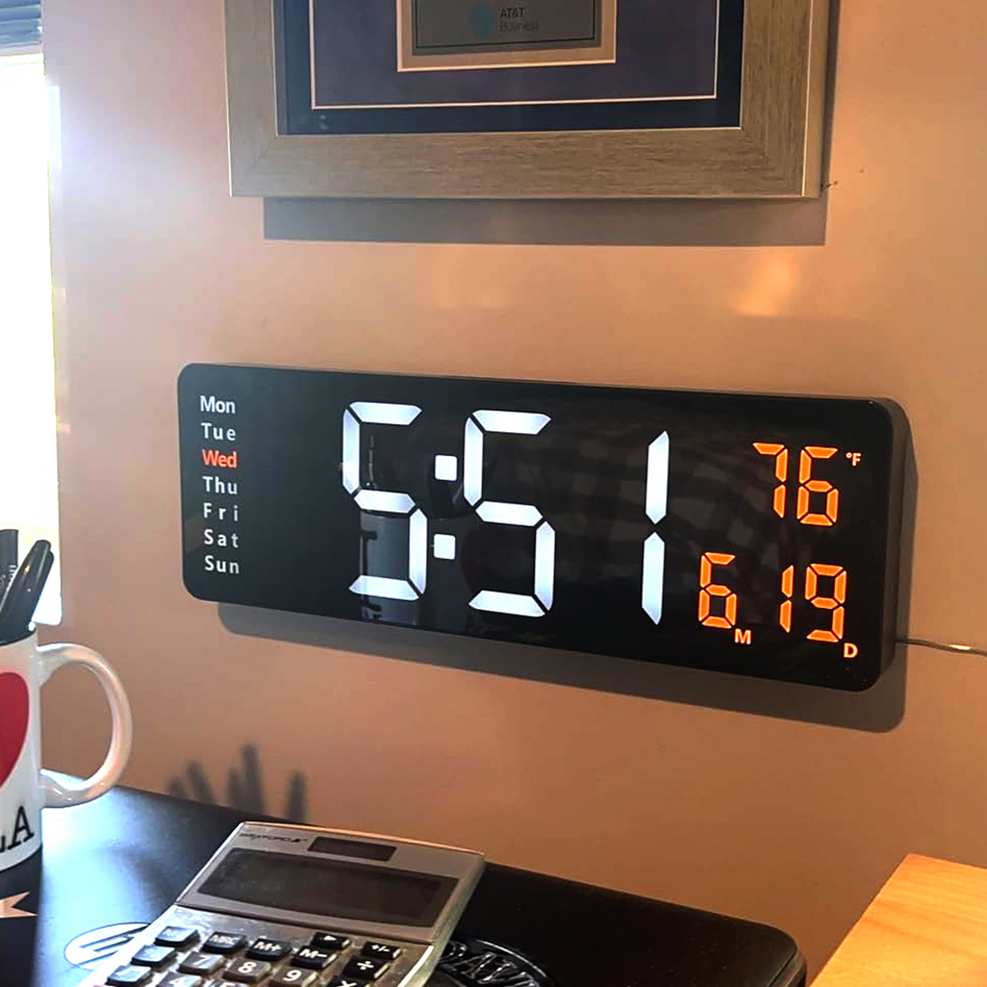 Large digital wall clock with Remote, LED Display, Date, Temperature & Auto Dimming – view 1