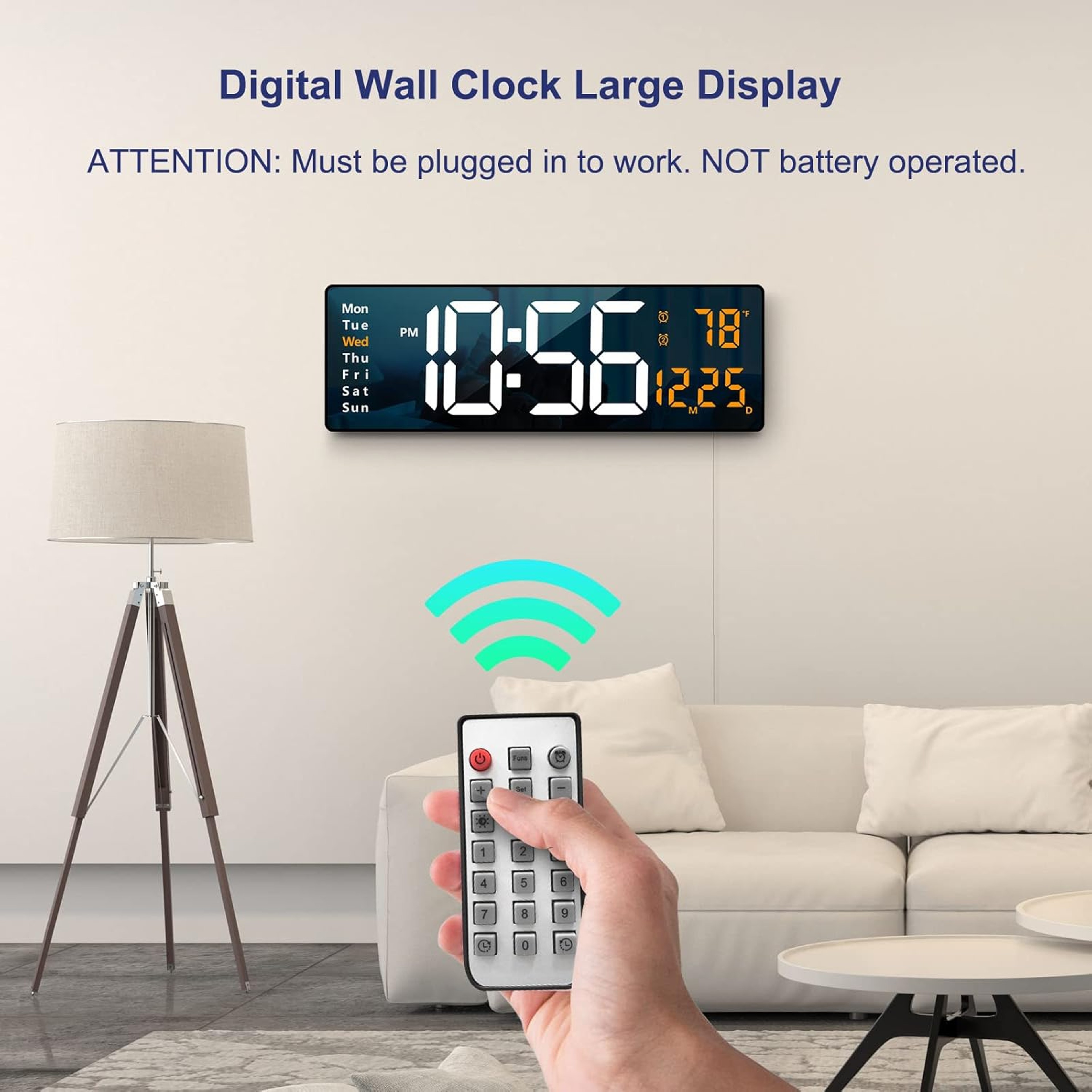 Large digital wall clock with Remote, LED Display, Date, Temperature & Auto Dimming – view 2