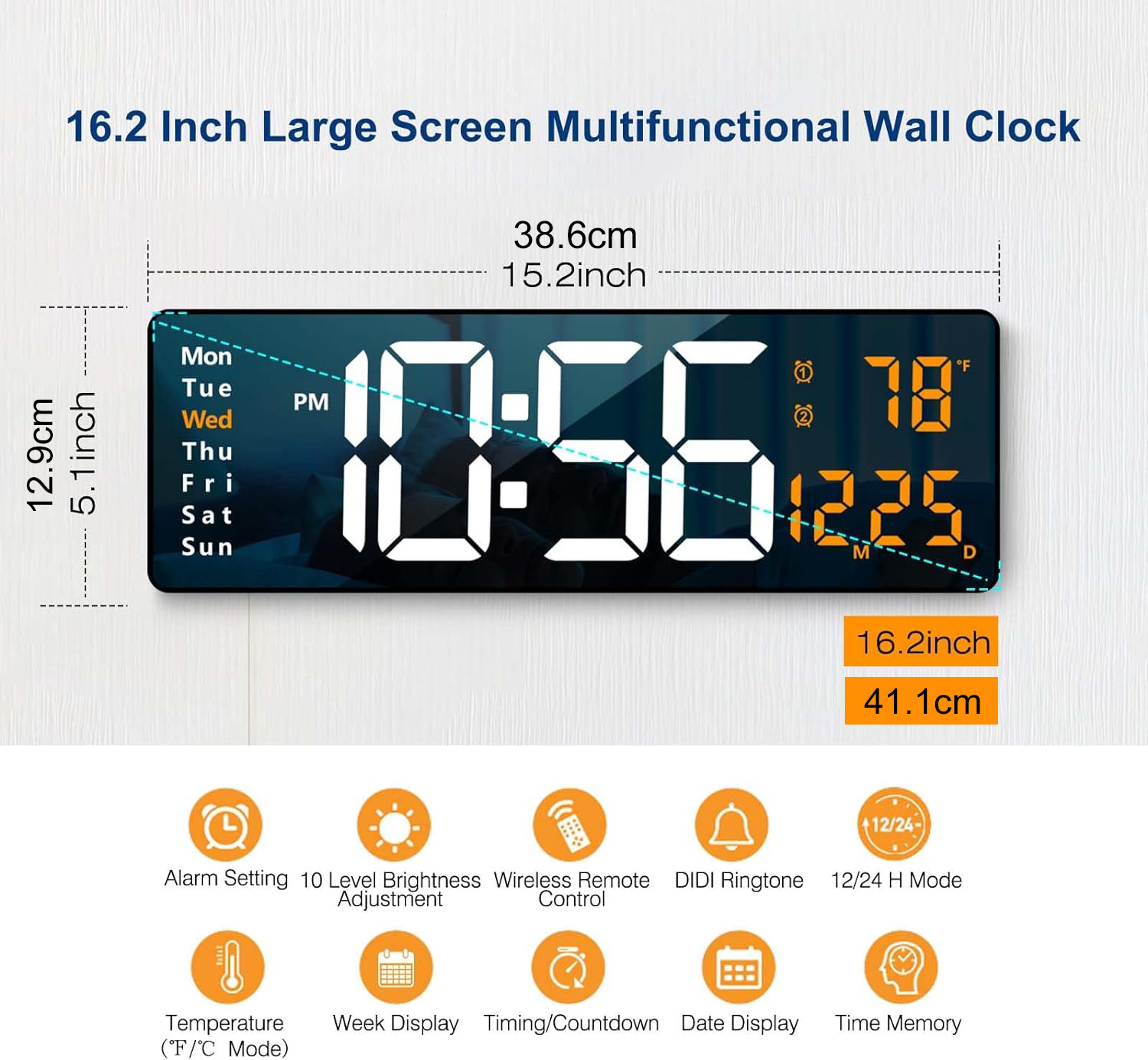 Large digital wall clock with Remote, LED Display, Date, Temperature & Auto Dimming – view 3