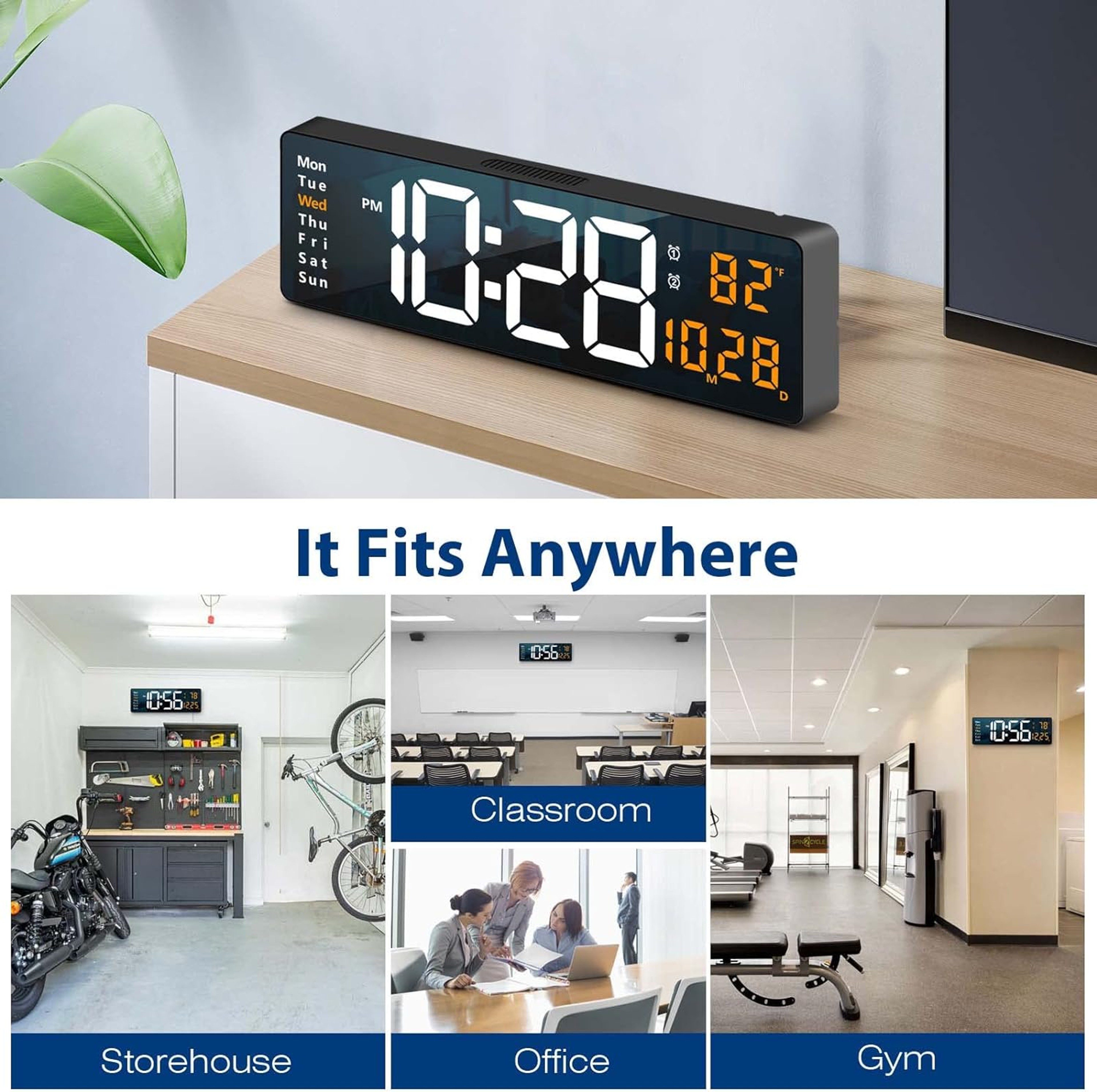 Large digital wall clock with Remote, LED Display, Date, Temperature & Auto Dimming – view 5