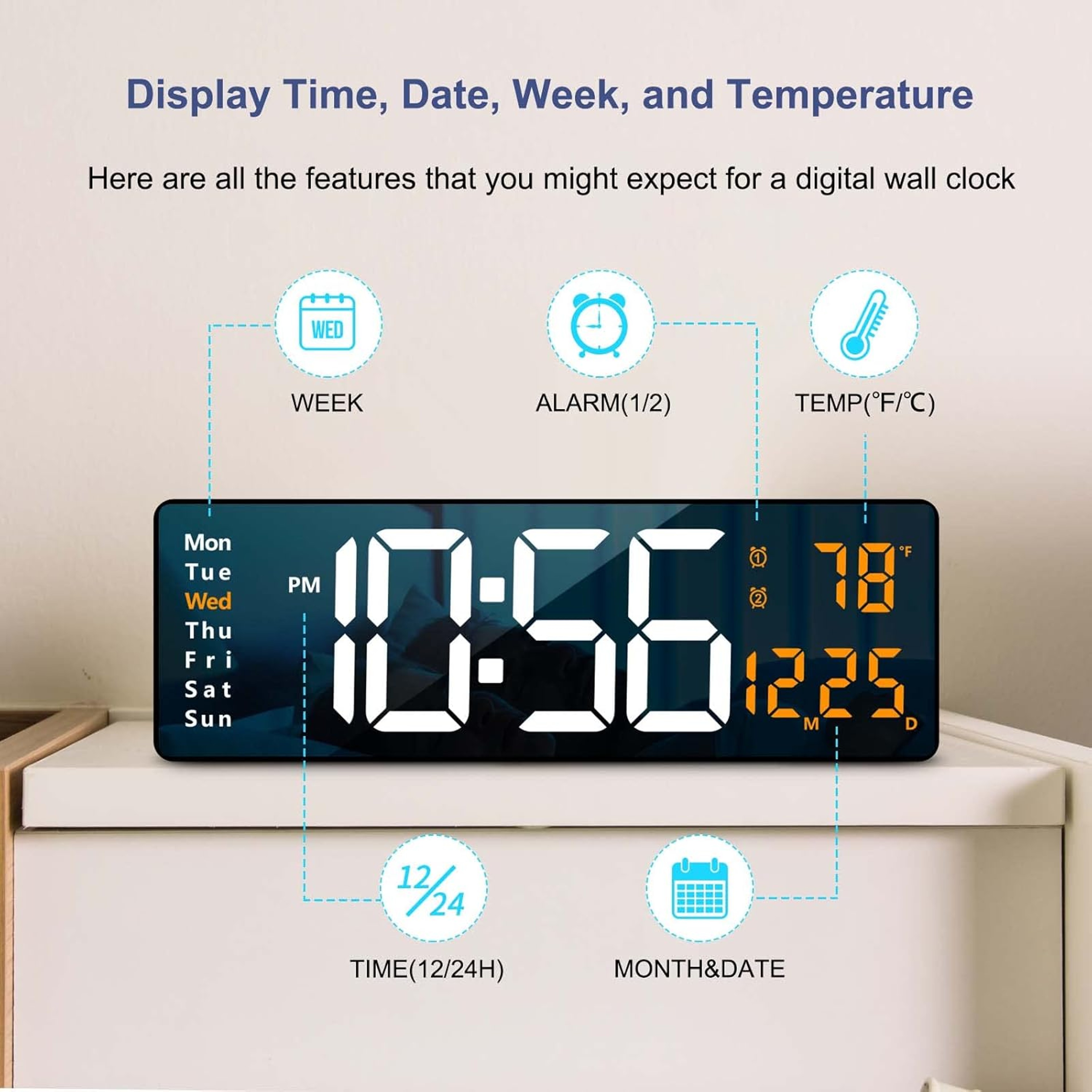 Large digital wall clock with Remote, LED Display, Date, Temperature & Auto Dimming – view 6