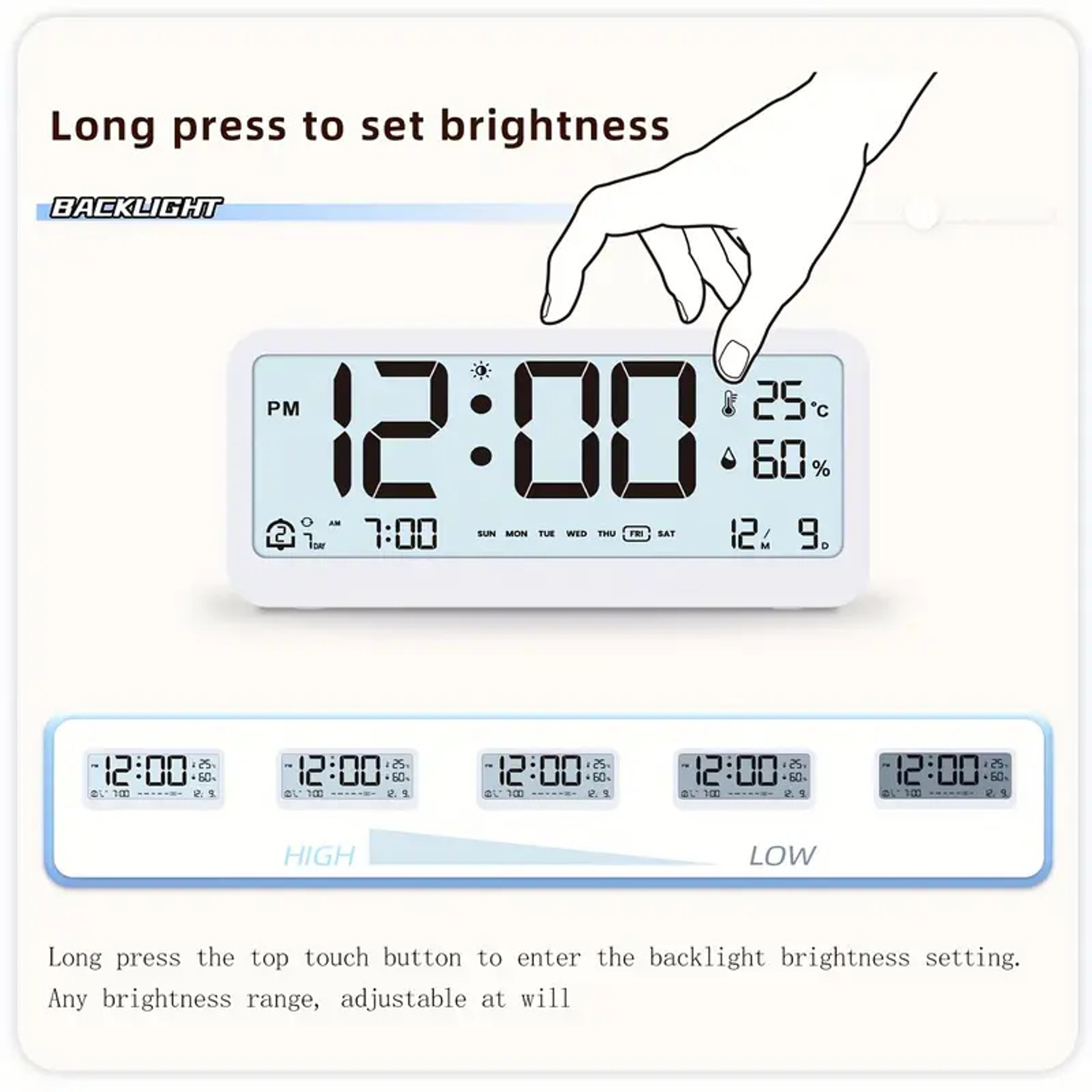 Smart Digital Alarm Clock With LCD Display Temperature  Humidity Monitor Calendar  Snooze 4