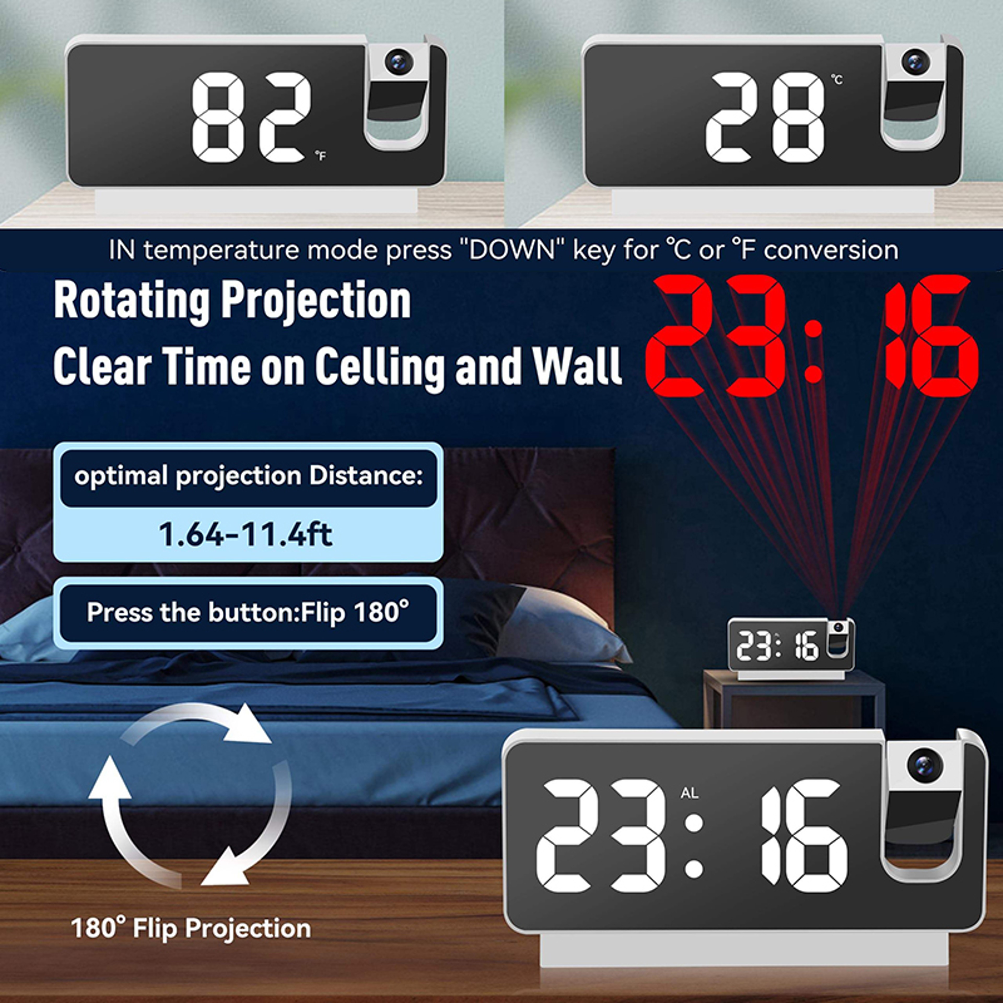 Projection Alarm Clock with LED Digital Display, Ceiling Projection Clock & Temperature Monitor – view 2