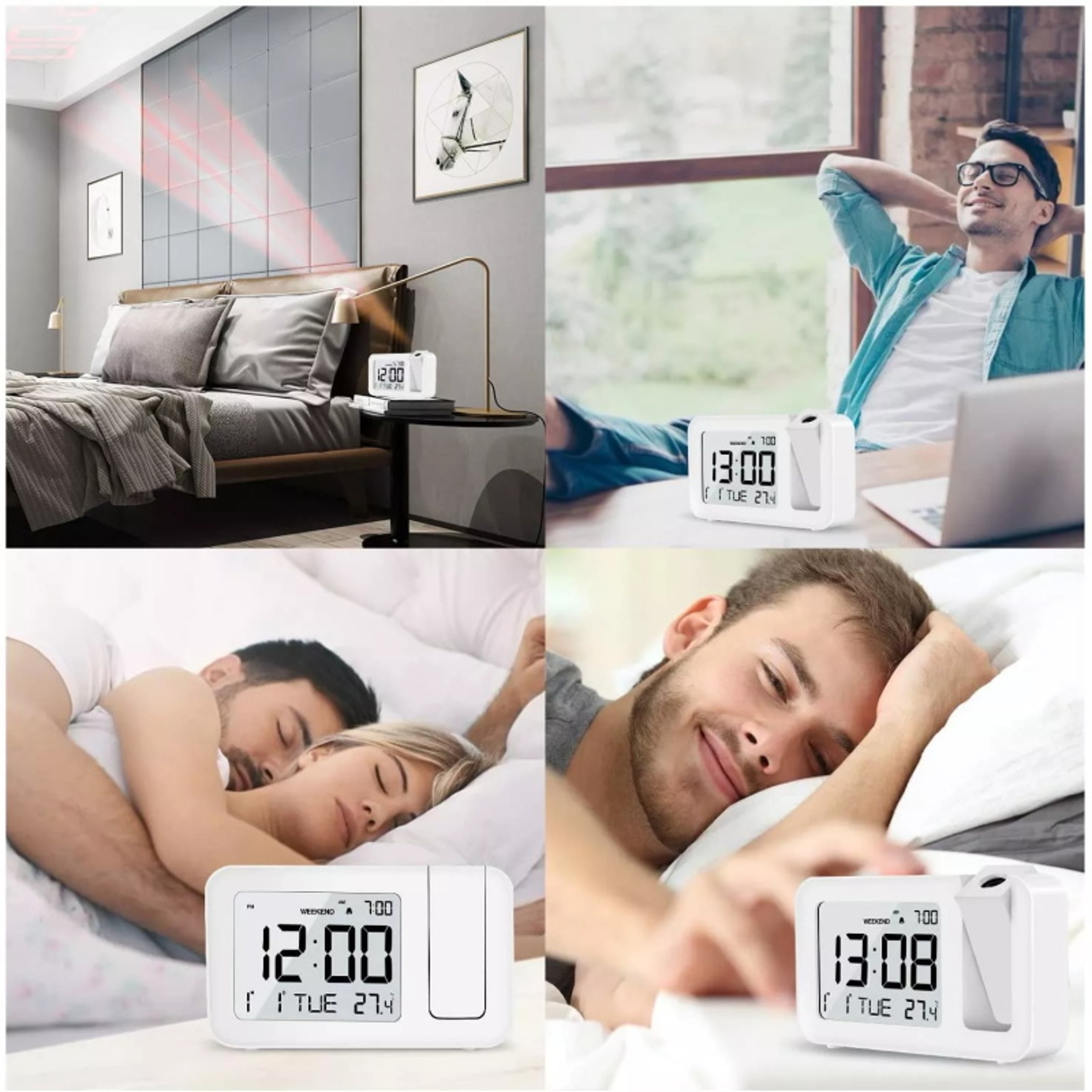 Projection Alarm Clock With LED Display USB Rechargeable Digital Bedside Clock  Ceiling Time Projec 4