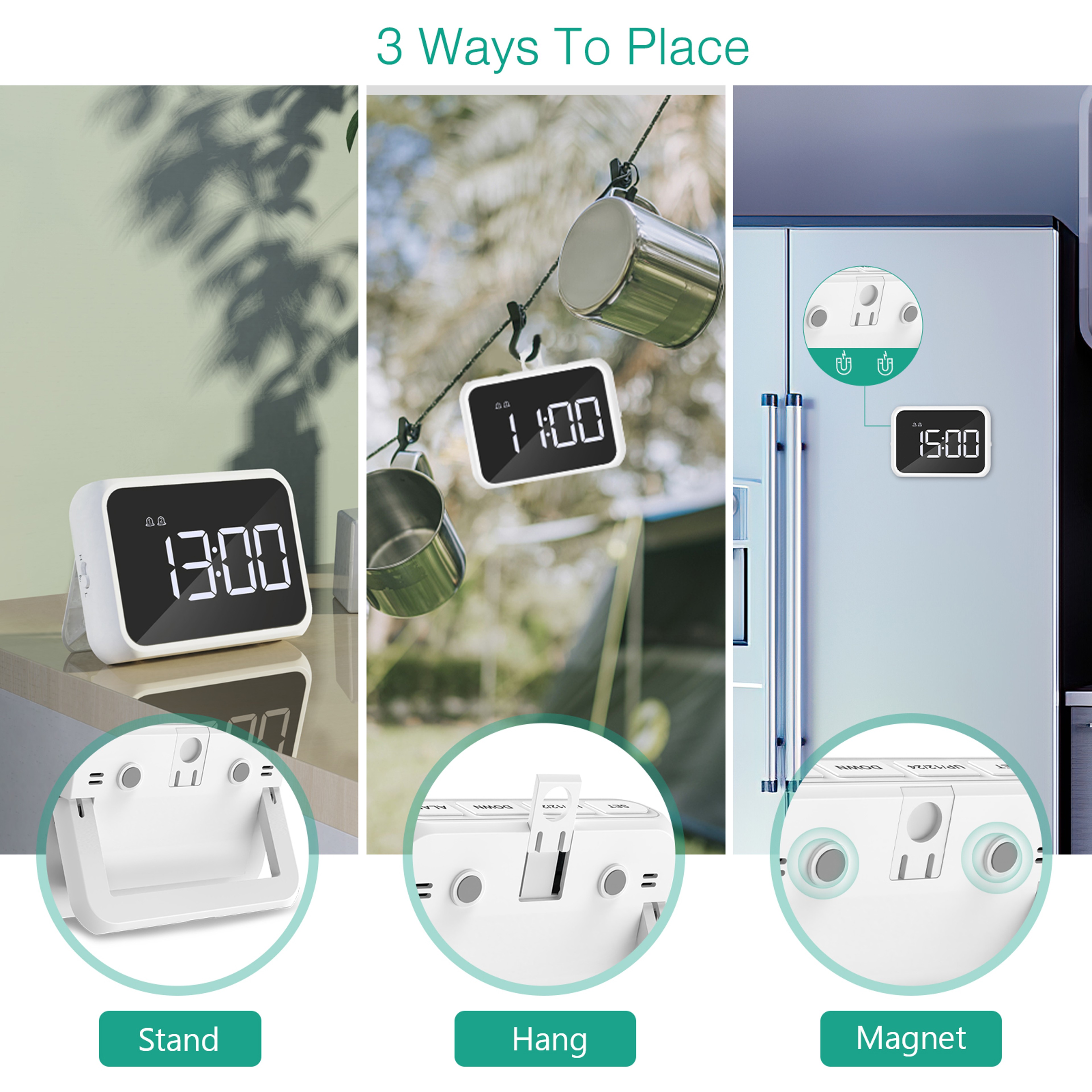 Digital Alarm Clock With LED Mirror Display USB Charging Snooze  Adjustable Brightness 4