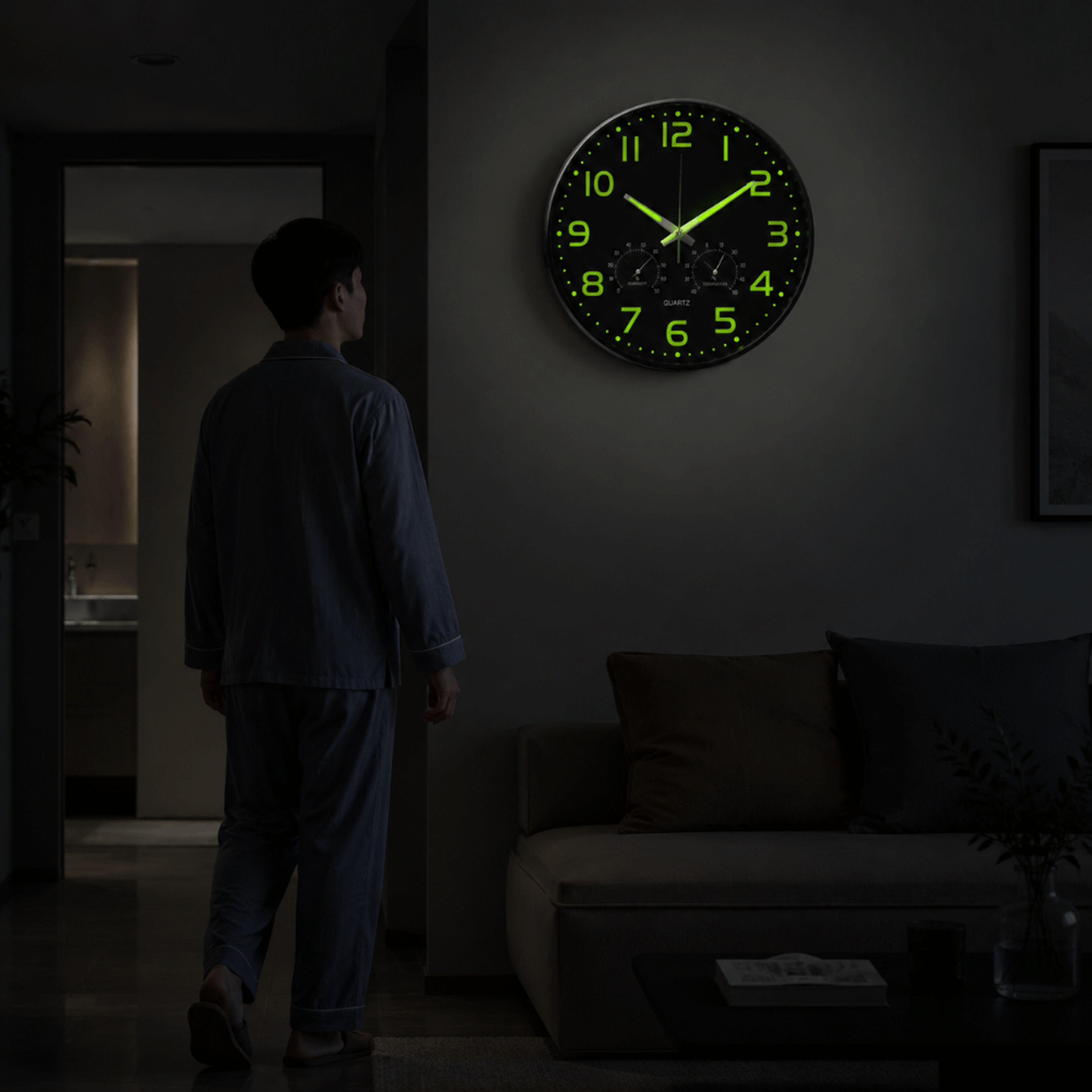 Glow In The Dark Silent Wall Clock With Temperature  Humidity Display For Bedroom And Living Room 0