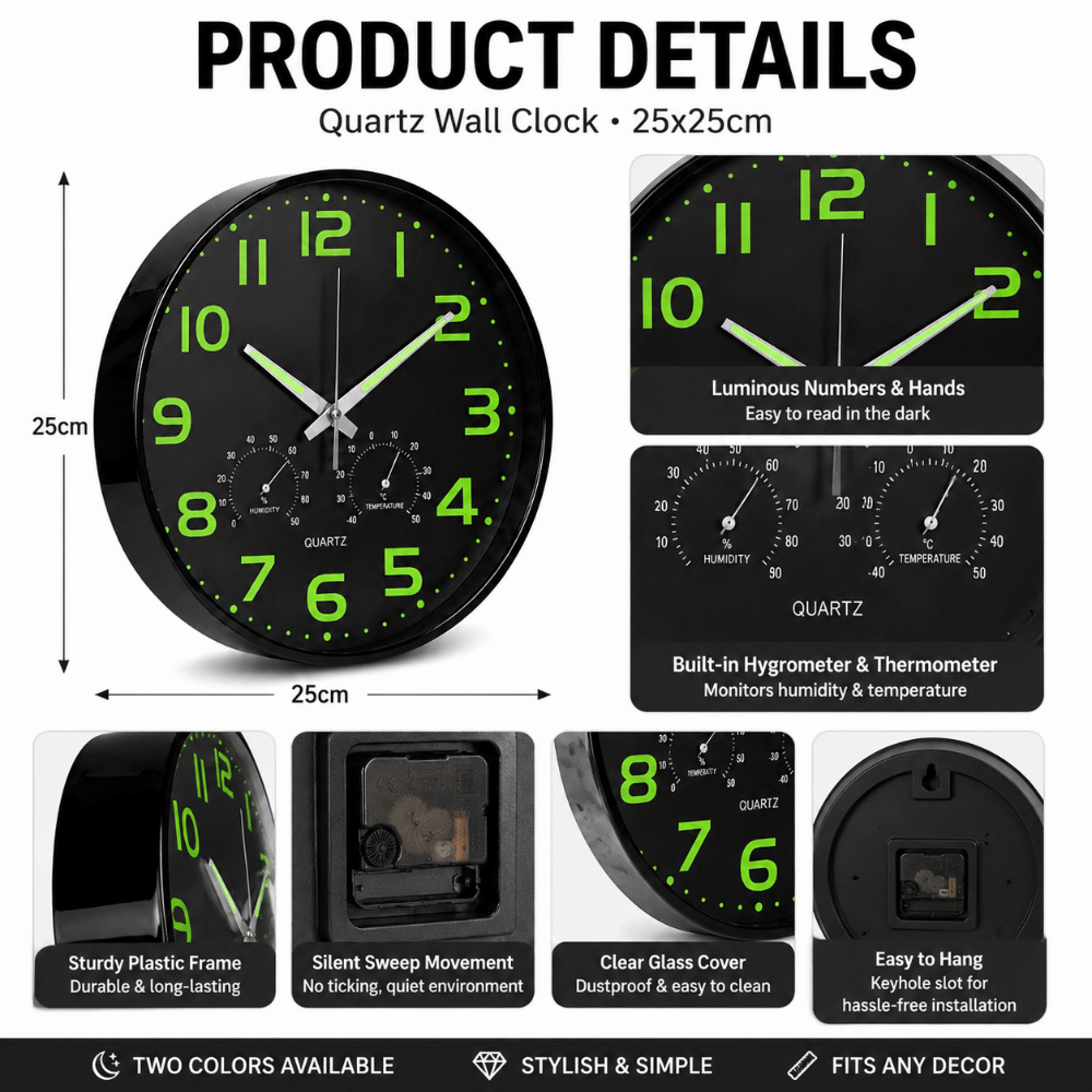 Glow In The Dark Silent Wall Clock With Temperature  Humidity Display For Bedroom And Living Room 4