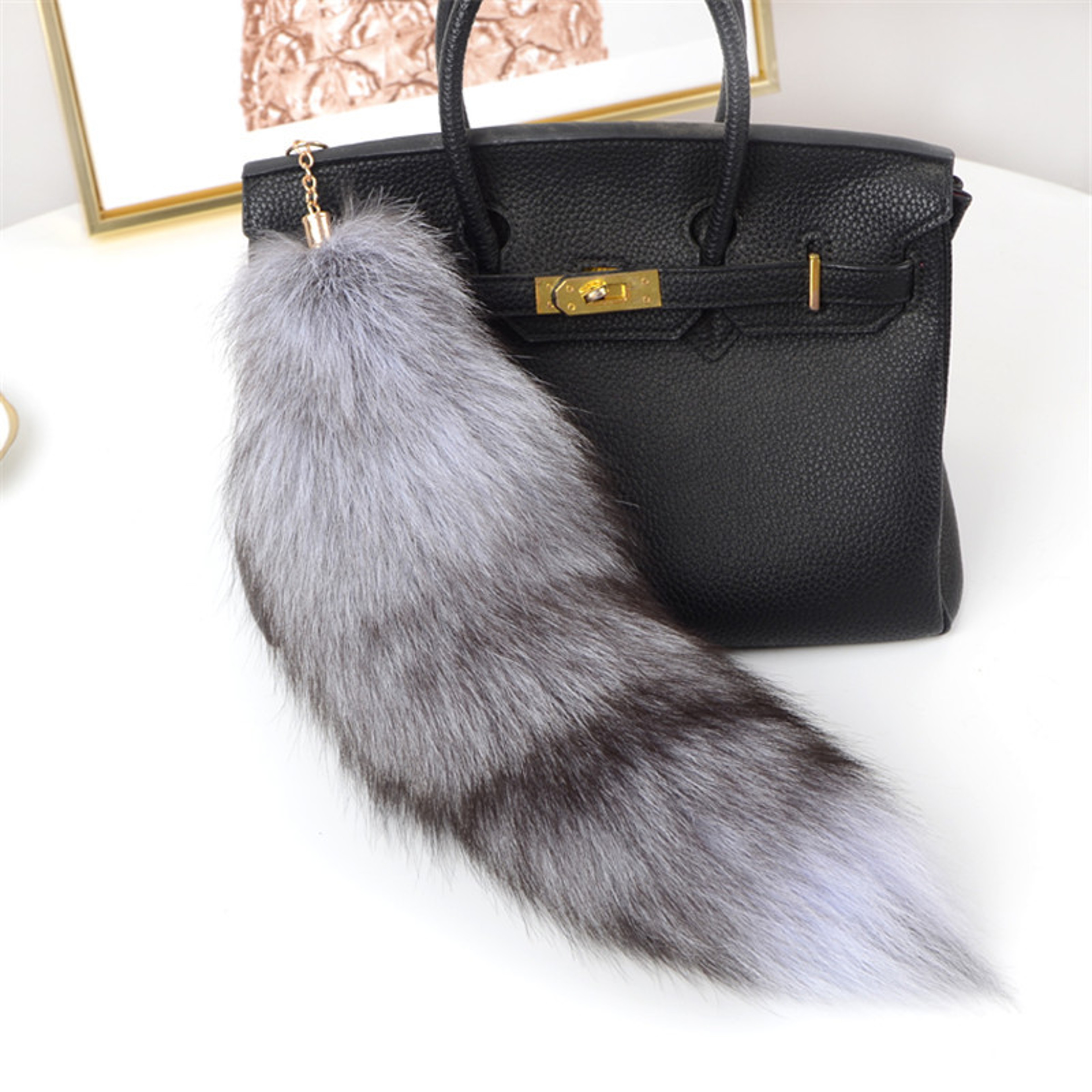 Natural Fox Fur Tail Keychain Fluffy Wolf Tail Bag Charm Car Accessory – view 12