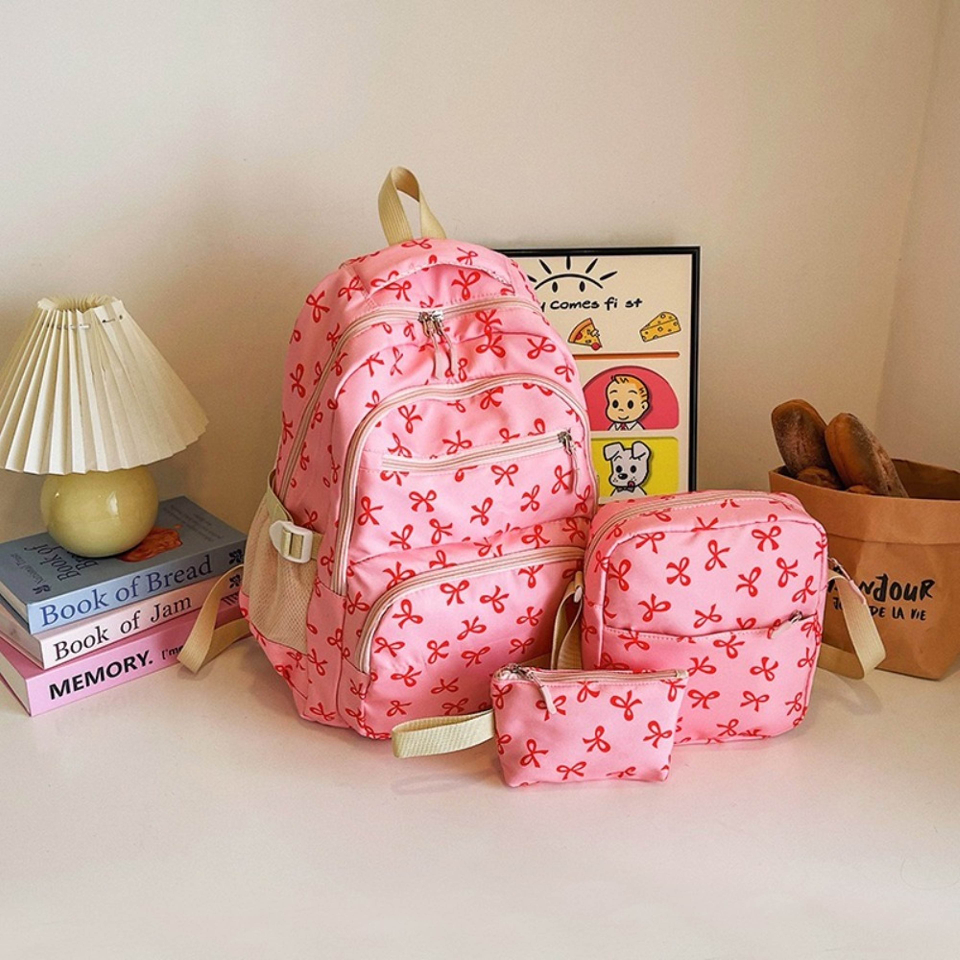Cute Bow Backpack Large Capacity Student Backpack Set For Girls Travel And School 9