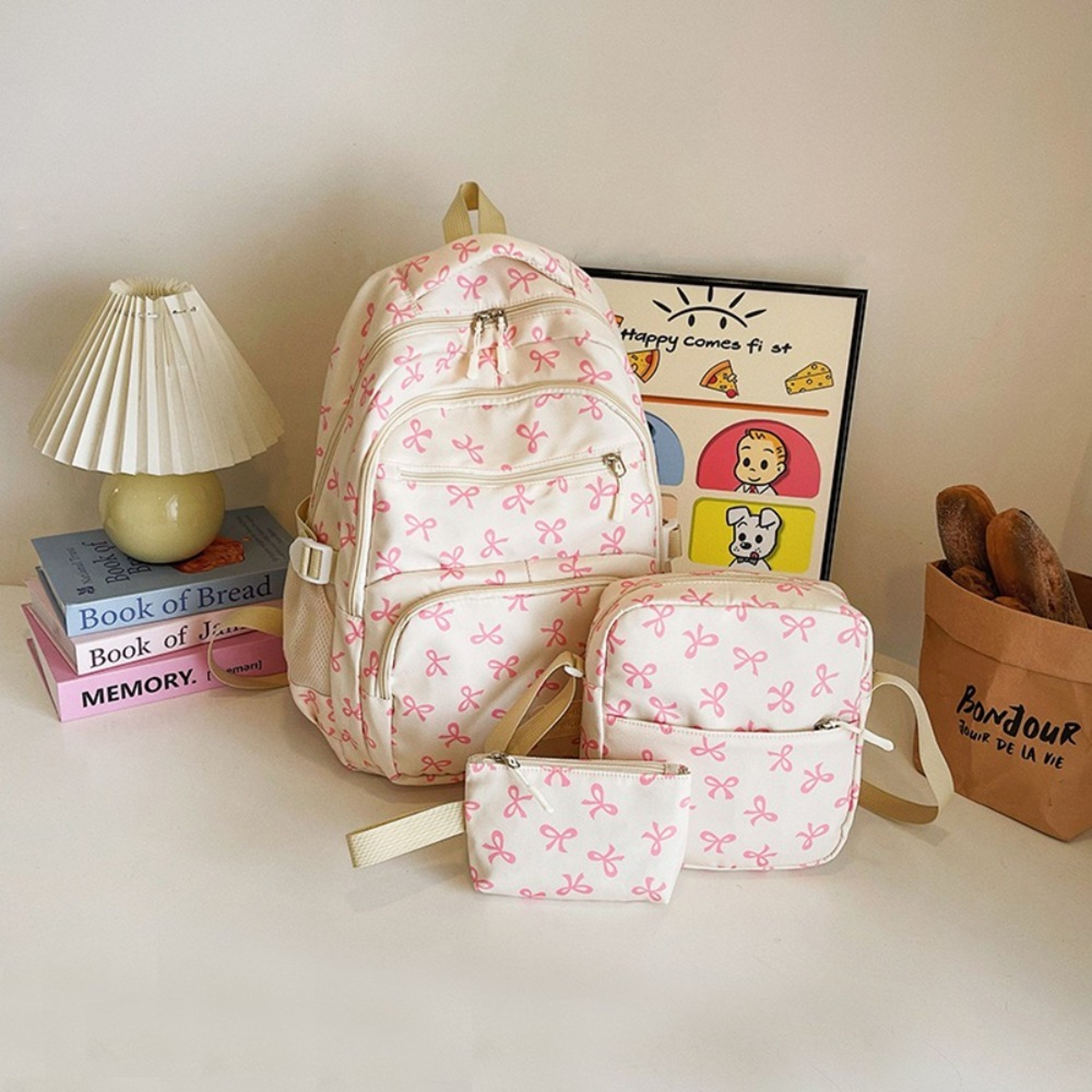 Cute Bow Backpack Large Capacity Student Backpack Set For Girls Travel And School 6