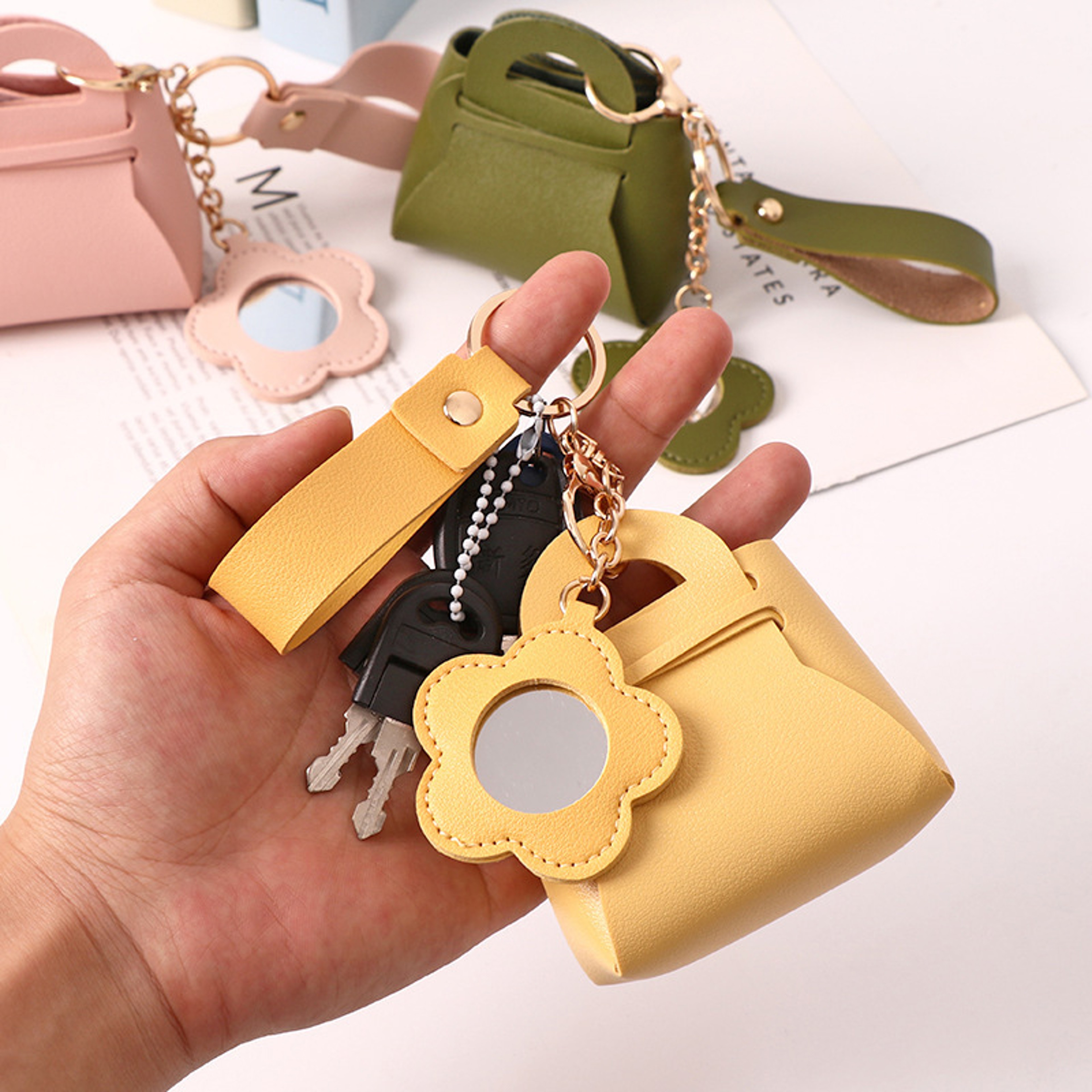 Women PU Leather Mini Clutch Keychain Bag With Mirror Cute Coin Purse Pendant 2