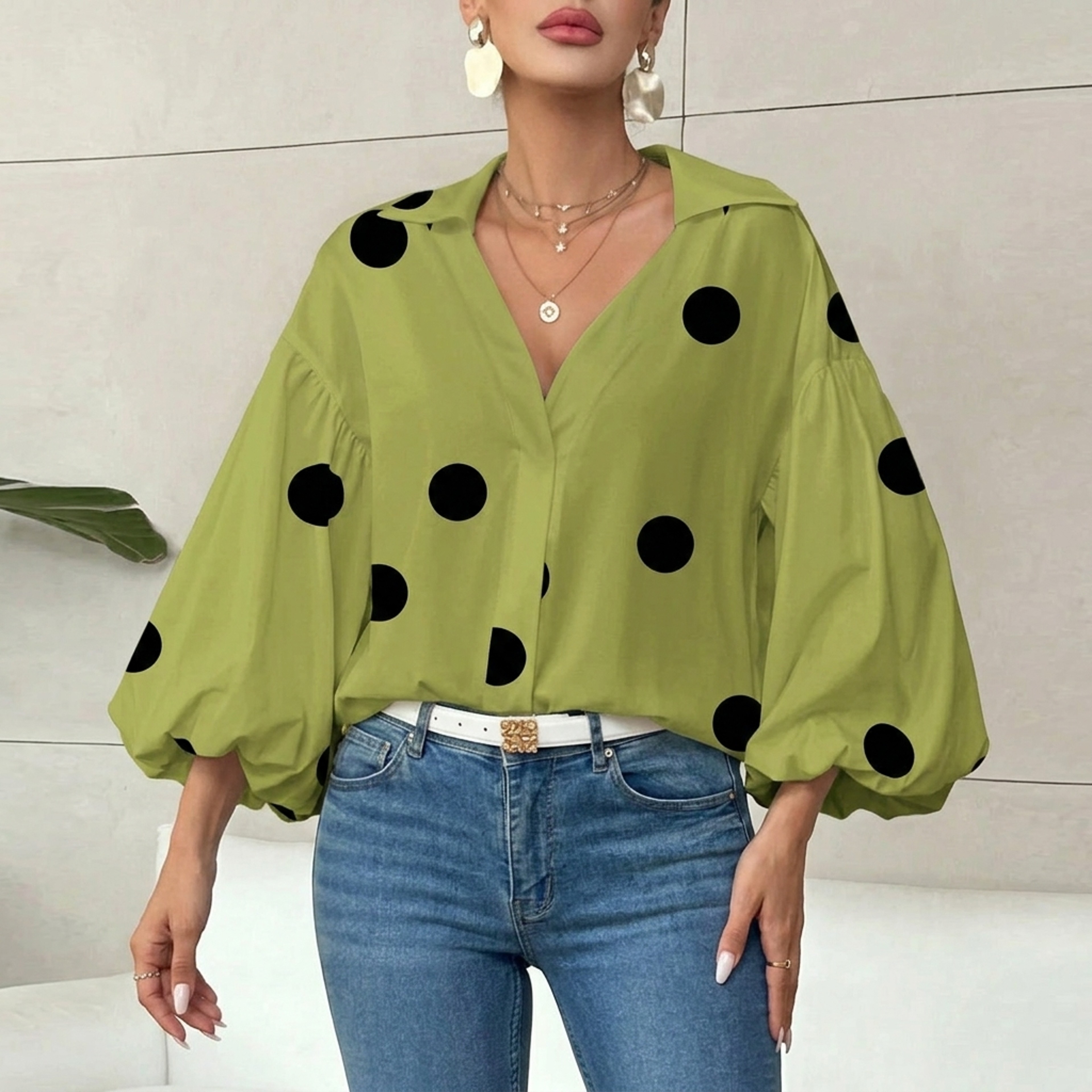 Yeezzi French Style Polka Dot V Neck Blouse Women Puff Sleeve Casual Top 6