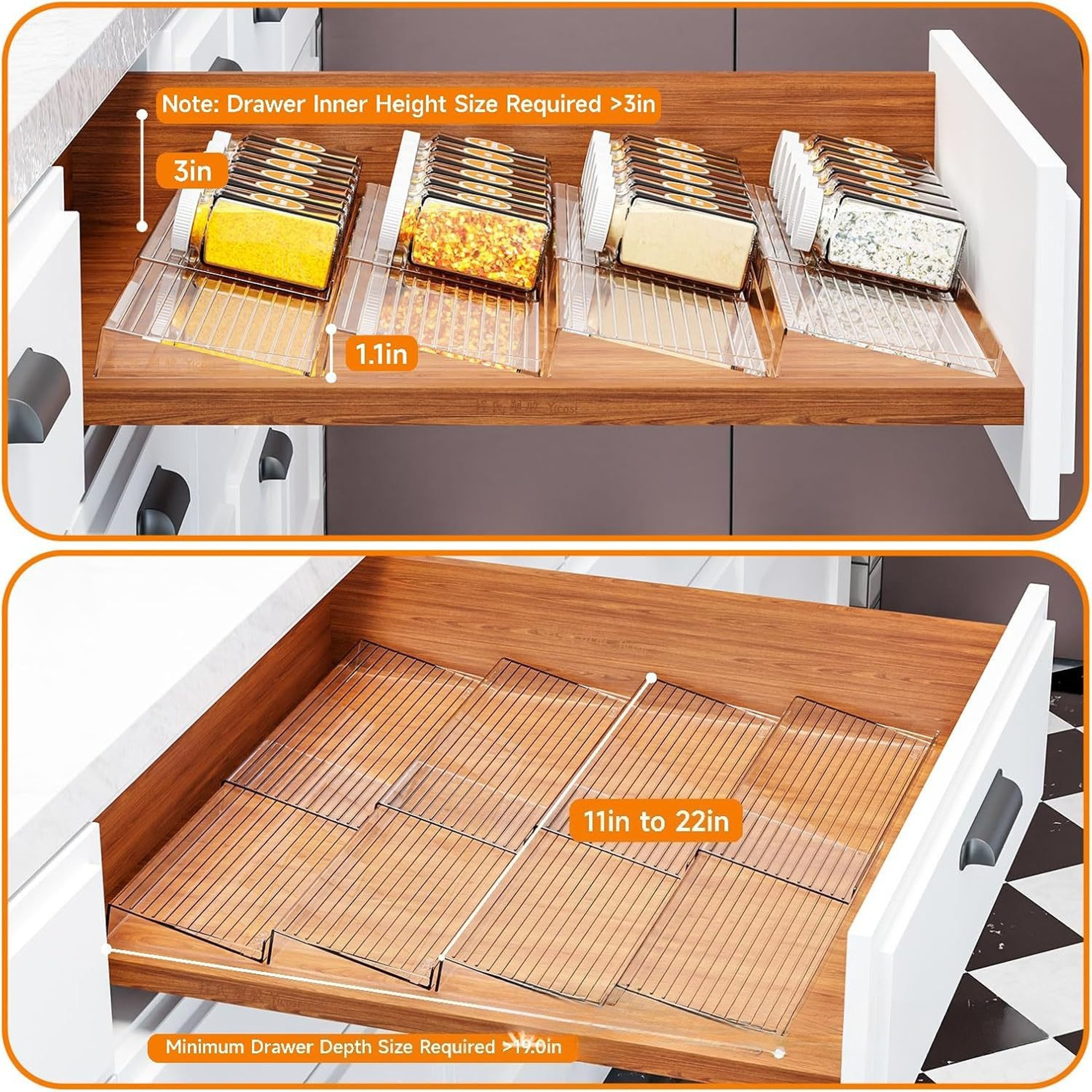 Adjustable Acrylic Spice Drawer Organizer Expandable Kitchen Cabinet Rack 5