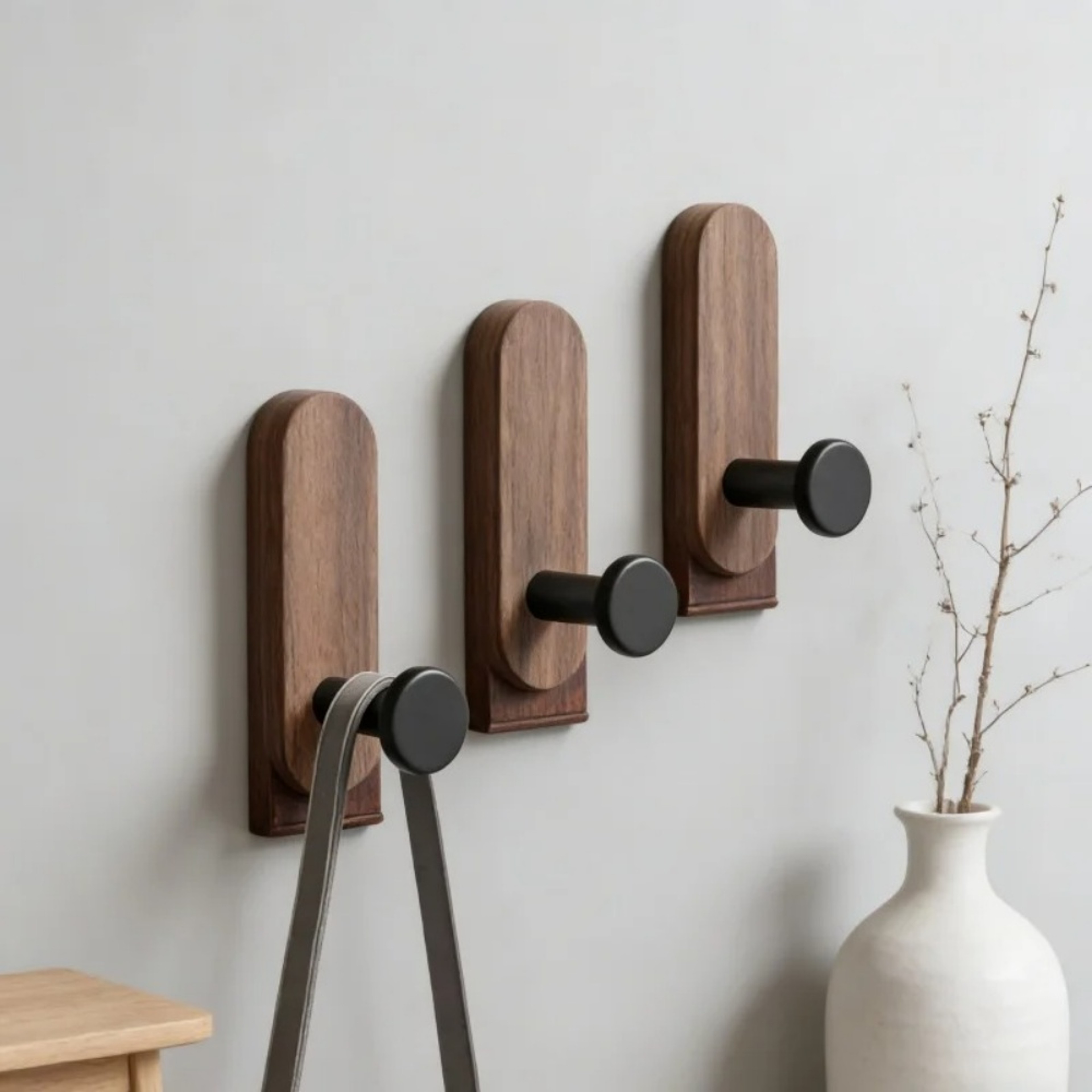 Walnut Wood Wall Hooks Self Adhesive No Drill Coat Towel And Key Hangers 2