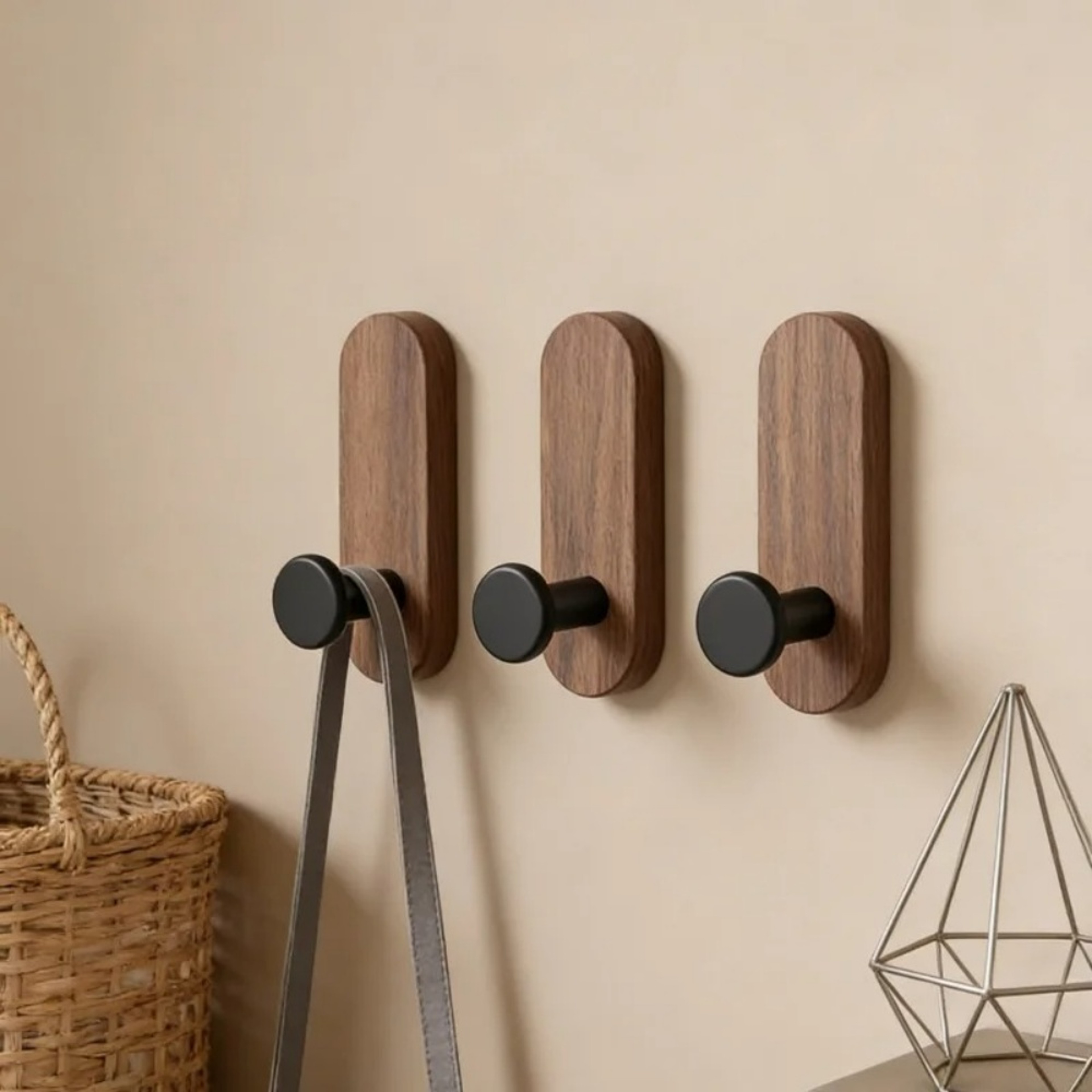 Walnut Wood Wall Hooks Self Adhesive No Drill Coat Towel And Key Hangers 3