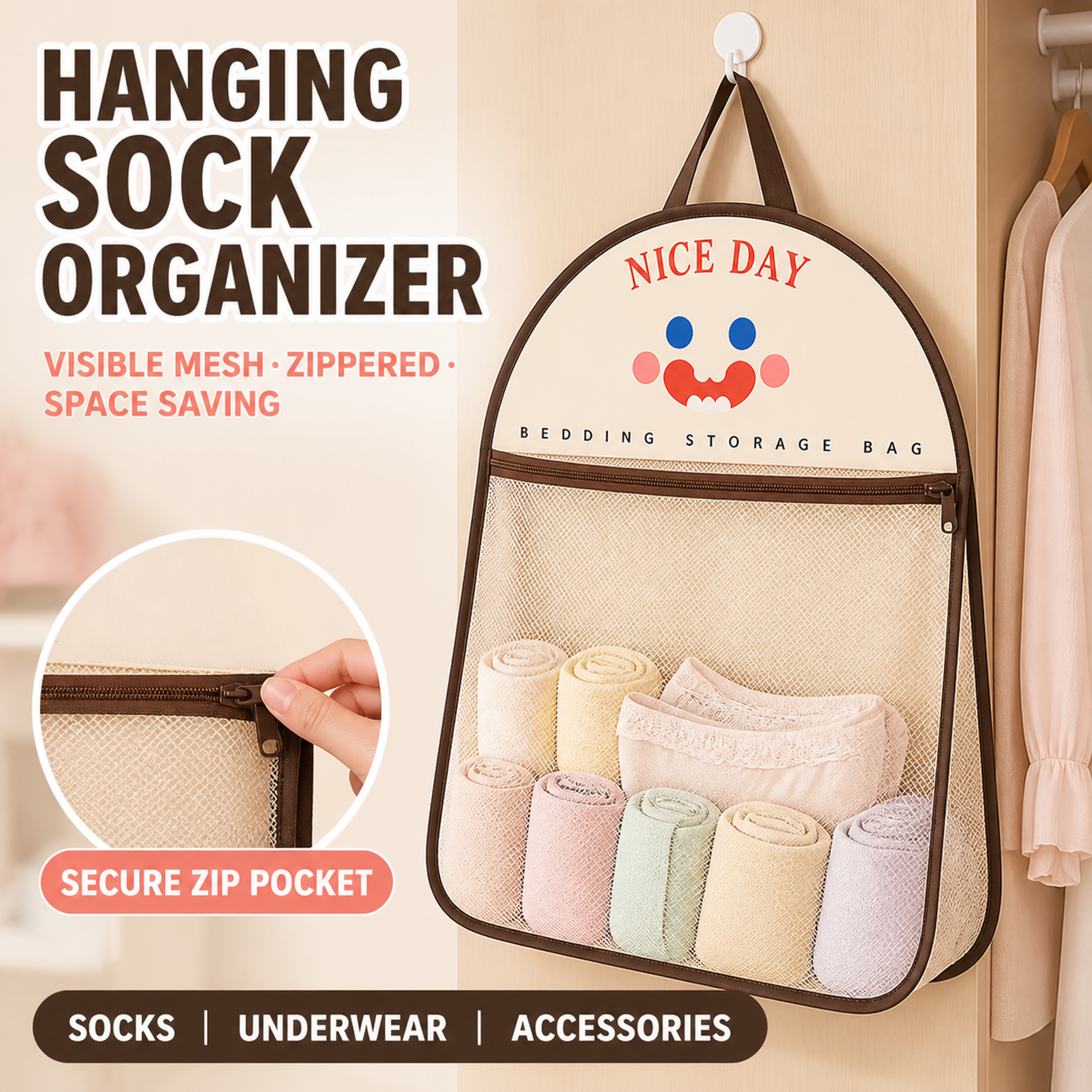 Hanging Sock Underwear Organizer Bag With Visible Mesh Storage Pockets For Closet Space Saving 1