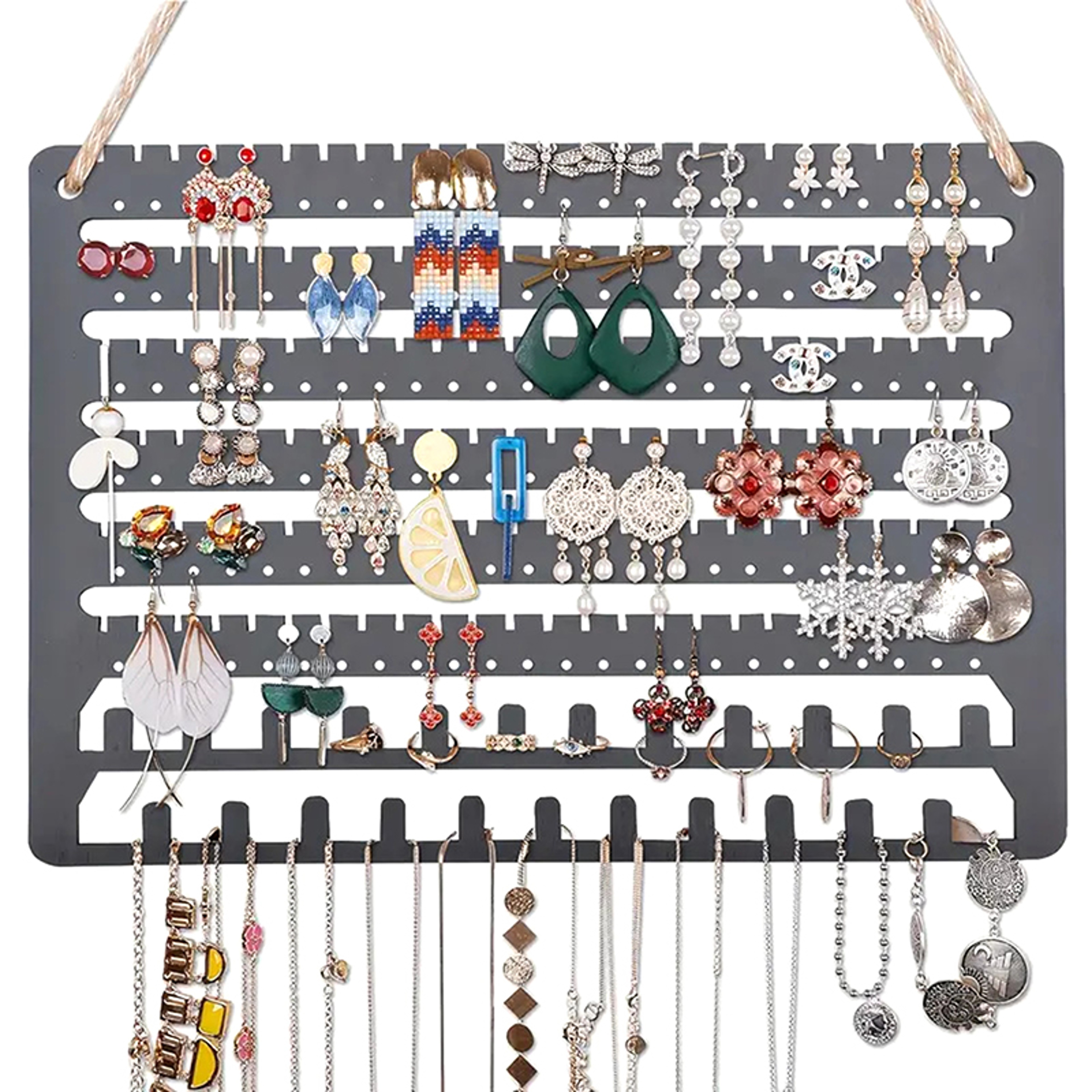 Wooden Wall Mounted Jewelry Organizer Necklace Earrings Display Rack 0