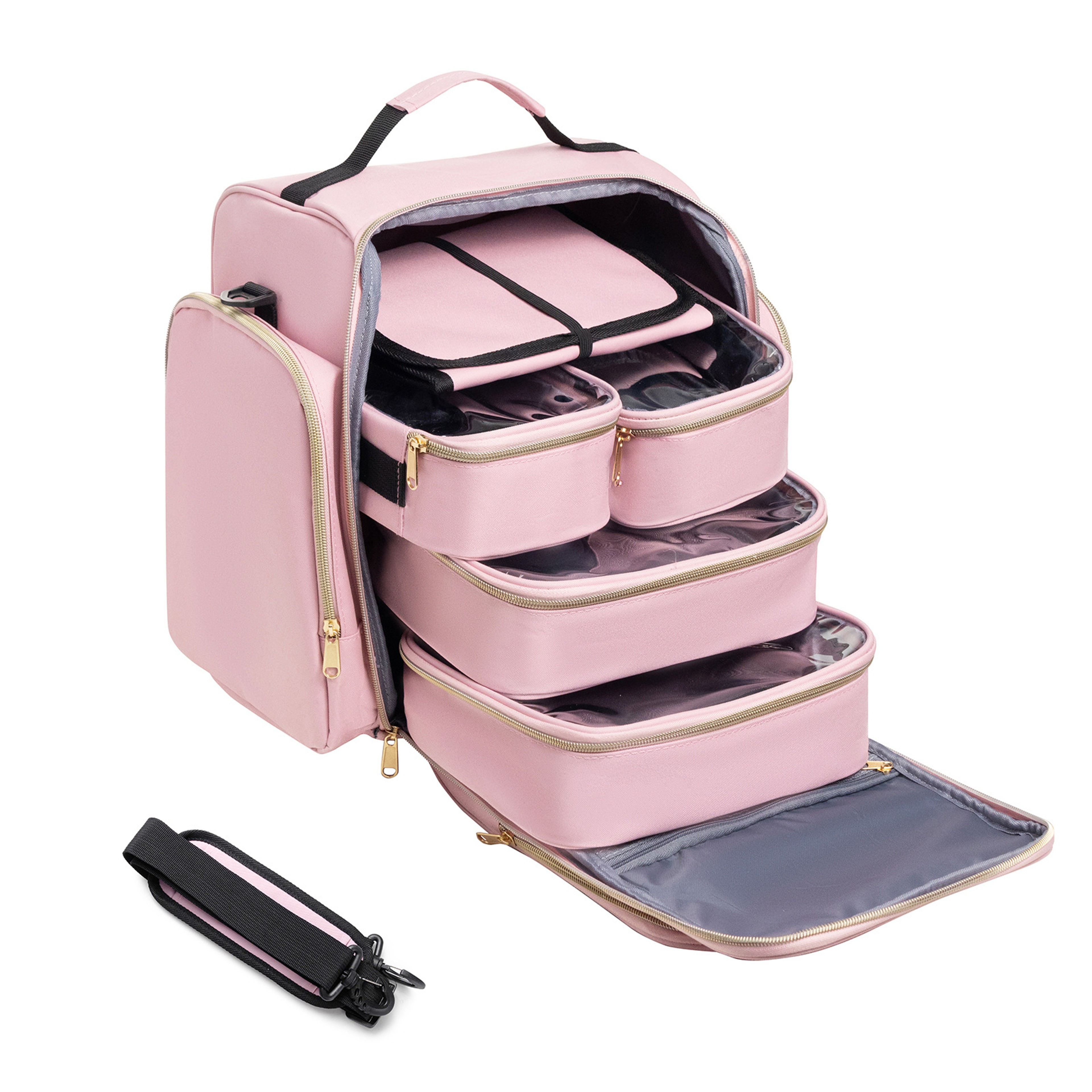 Large Capacity Cosmetic Bag Travel Organizer With Detachable Storage Boxes And Jewelry Roll 0