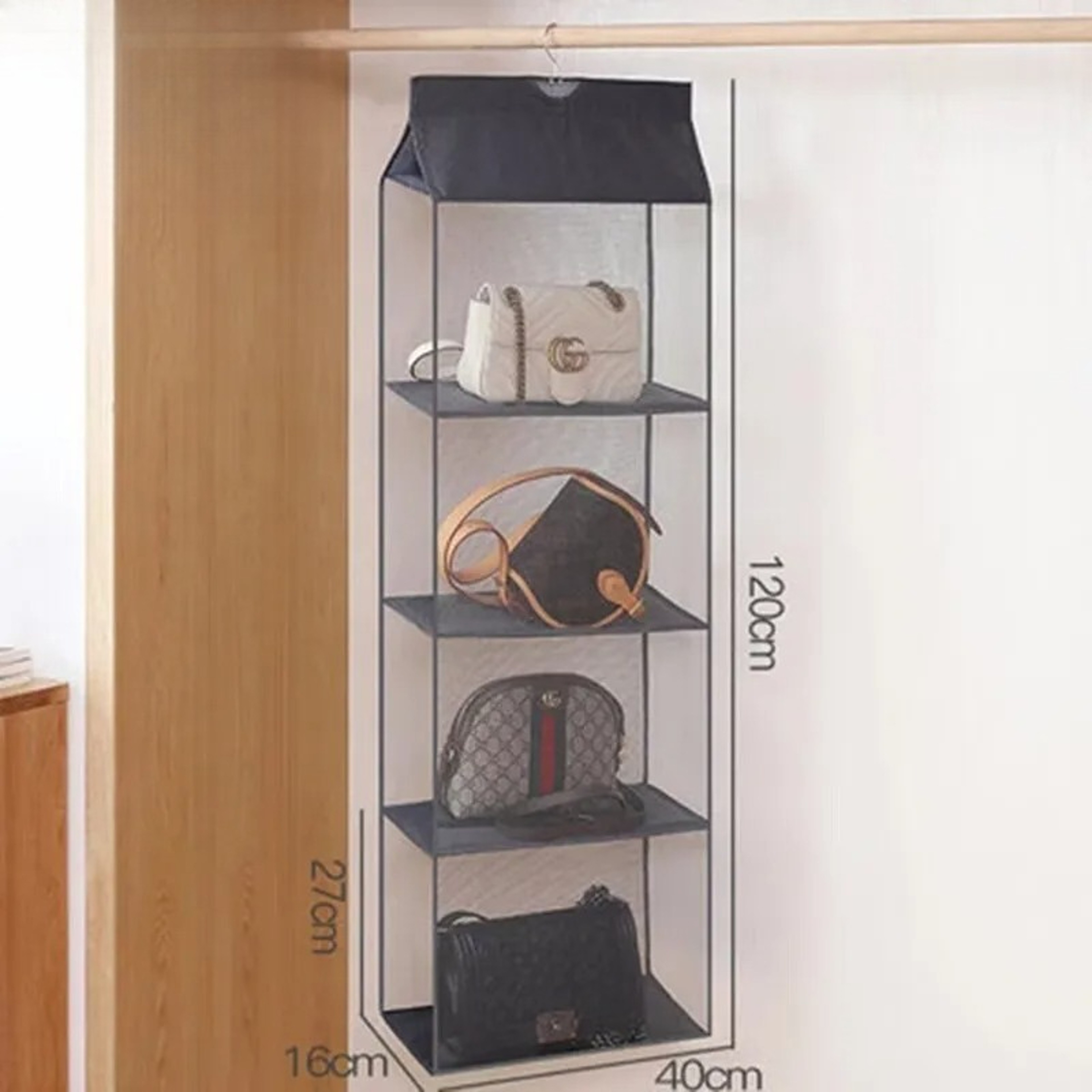 Double Sided Hanging Purse Organizer With Clear Pockets For Space Saving Handbag Storage 3