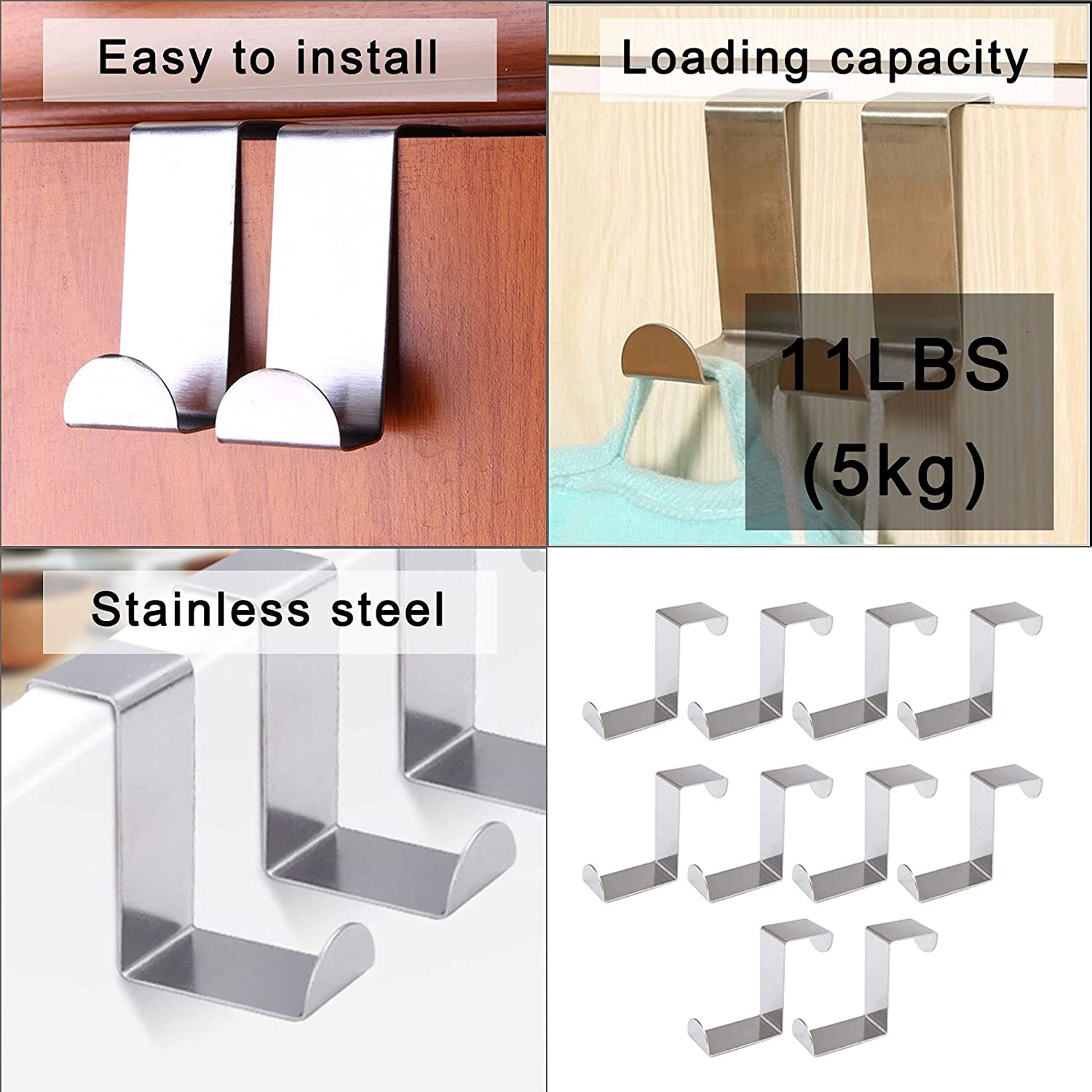 Stainless Steel Over Door Towel Hook Rack Pack For Kitchen Cabinet Storage 4