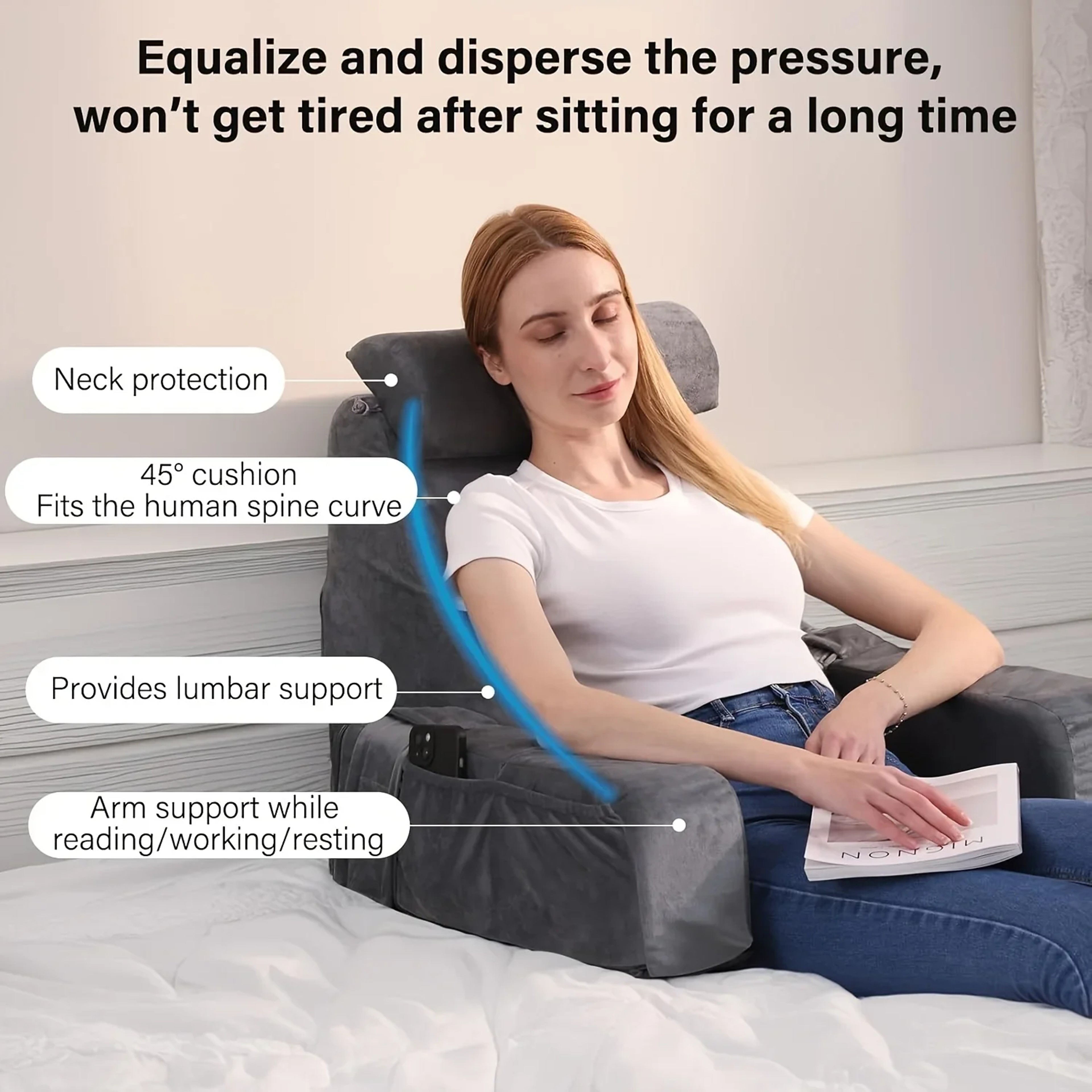 Ergonomic Reading Pillow With Armrests For Bed Sofa TV Gaming Back Support Cushion 1
