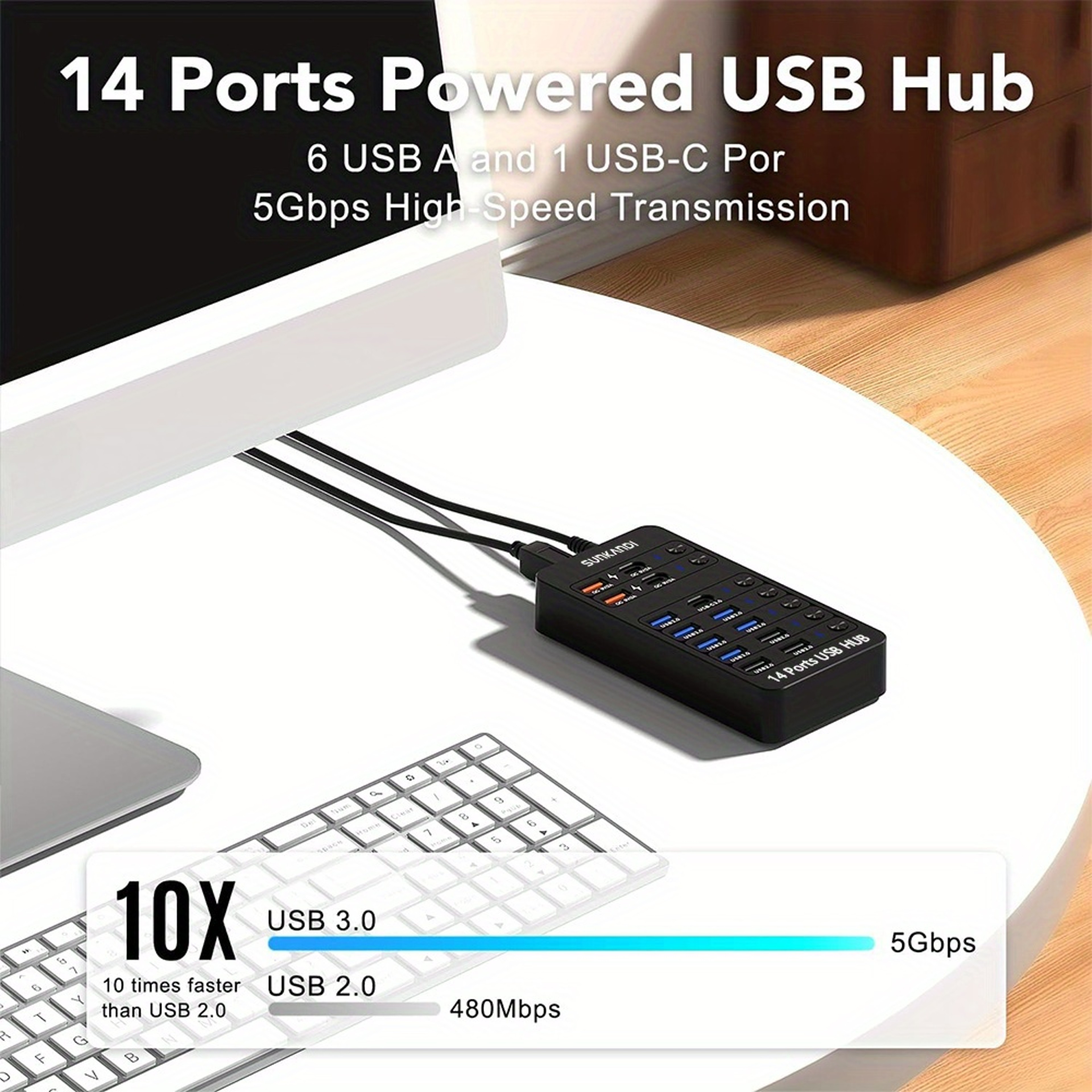 Powered USB Hub USB Multiport Adapter With Individual Switches 3