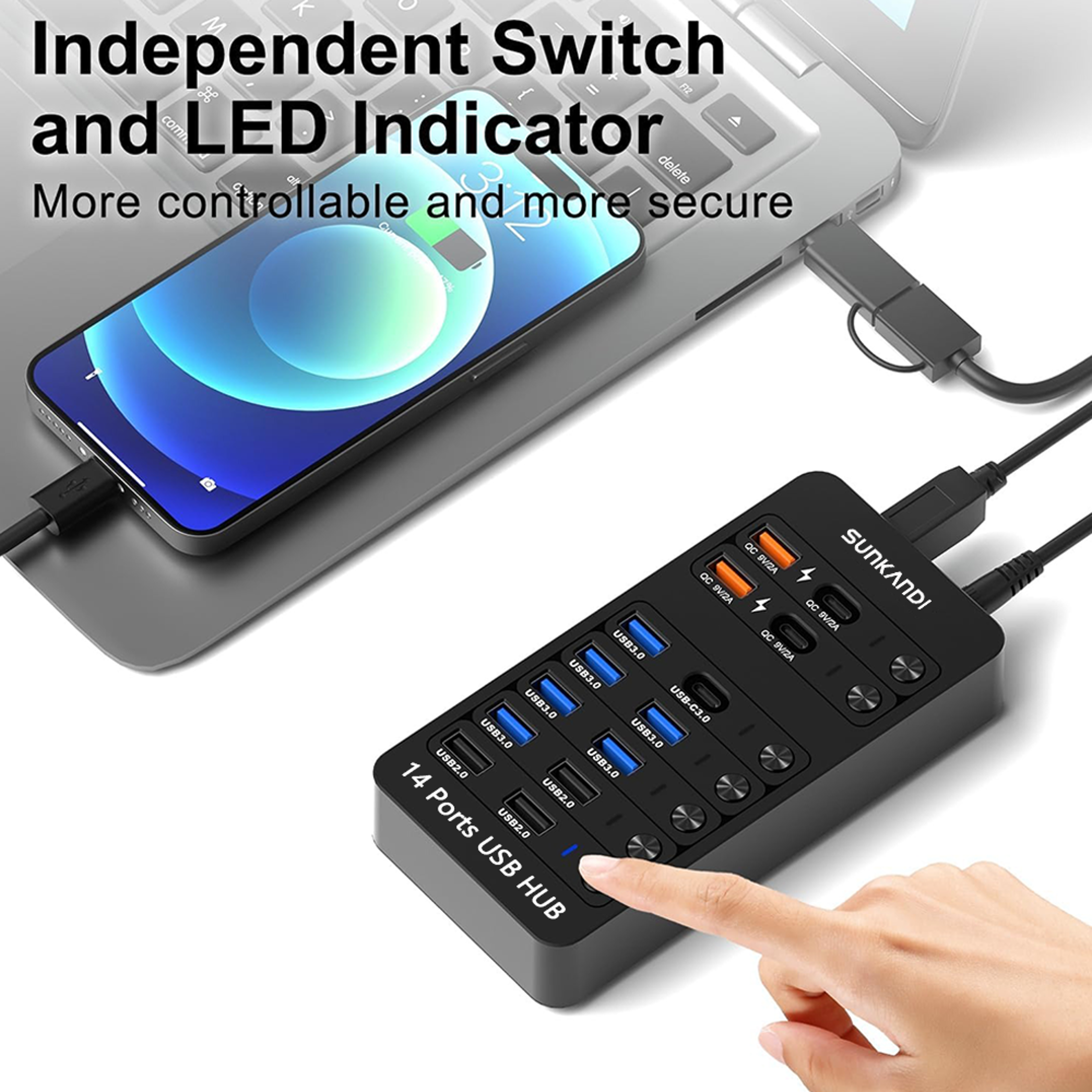 Powered USB Hub USB Multiport Adapter With Individual Switches 5