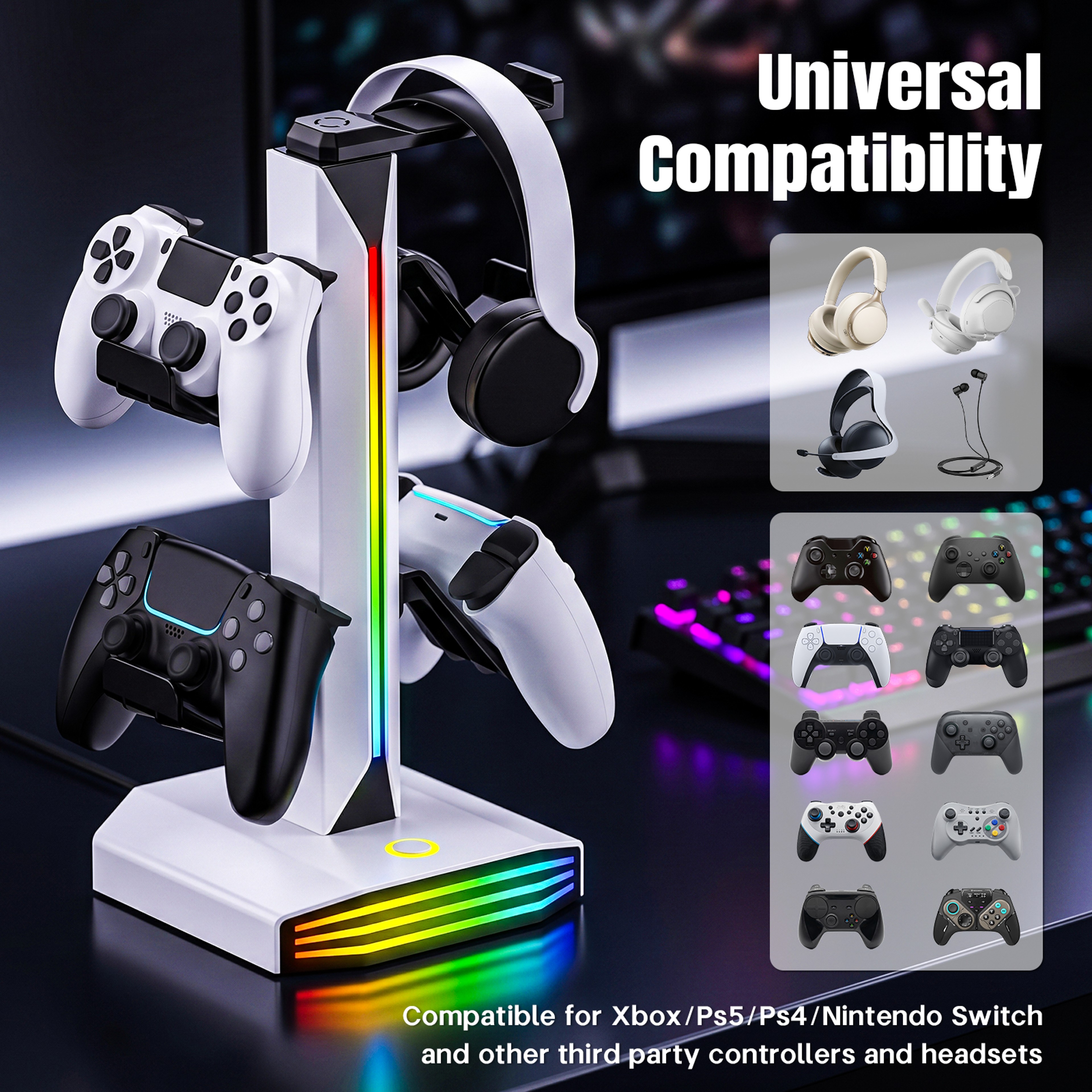RGB Gaming Controller Holder Rack with Headphone Stand USB Charging Station – view 2