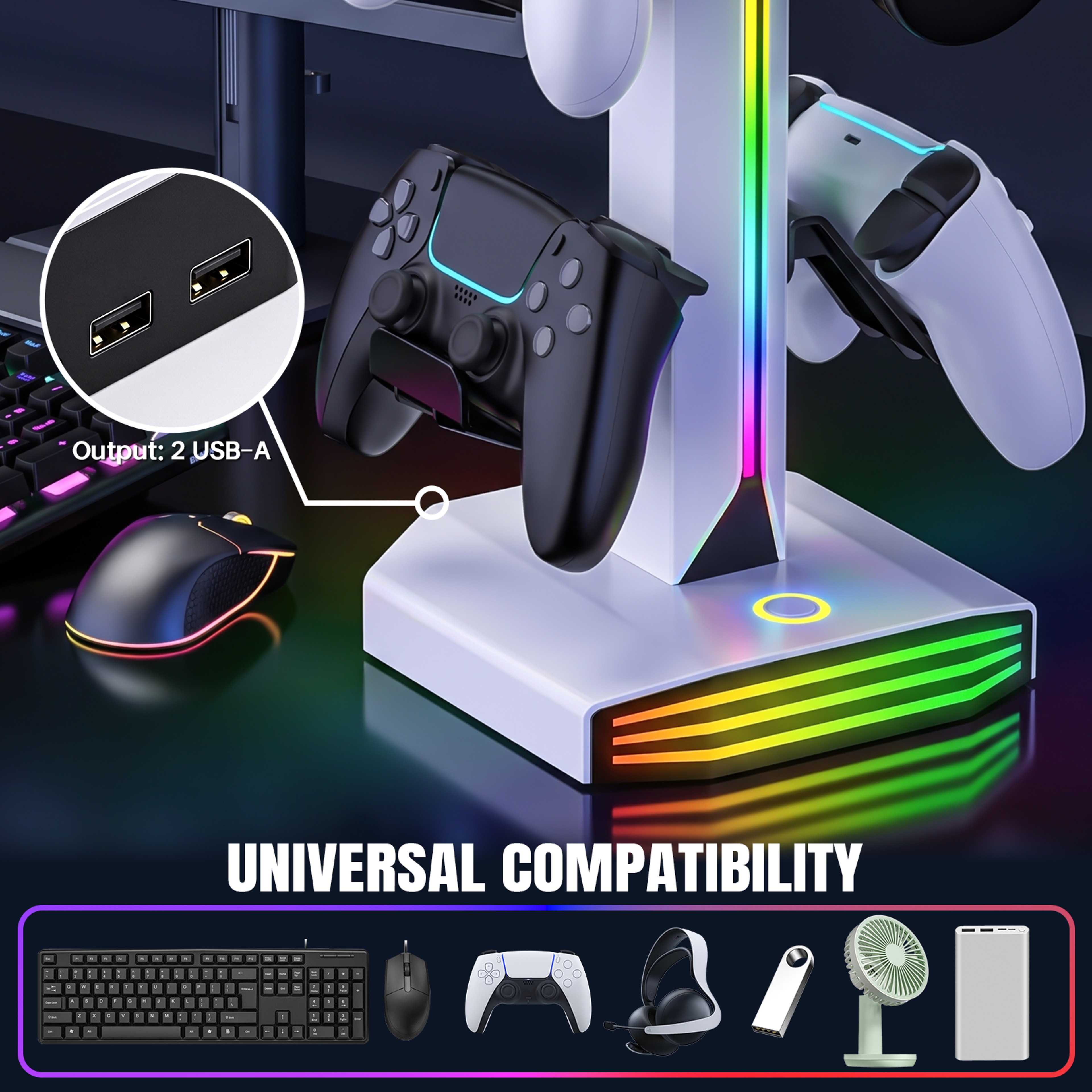 RGB Gaming Controller Holder Rack with Headphone Stand USB Charging Station – view 3