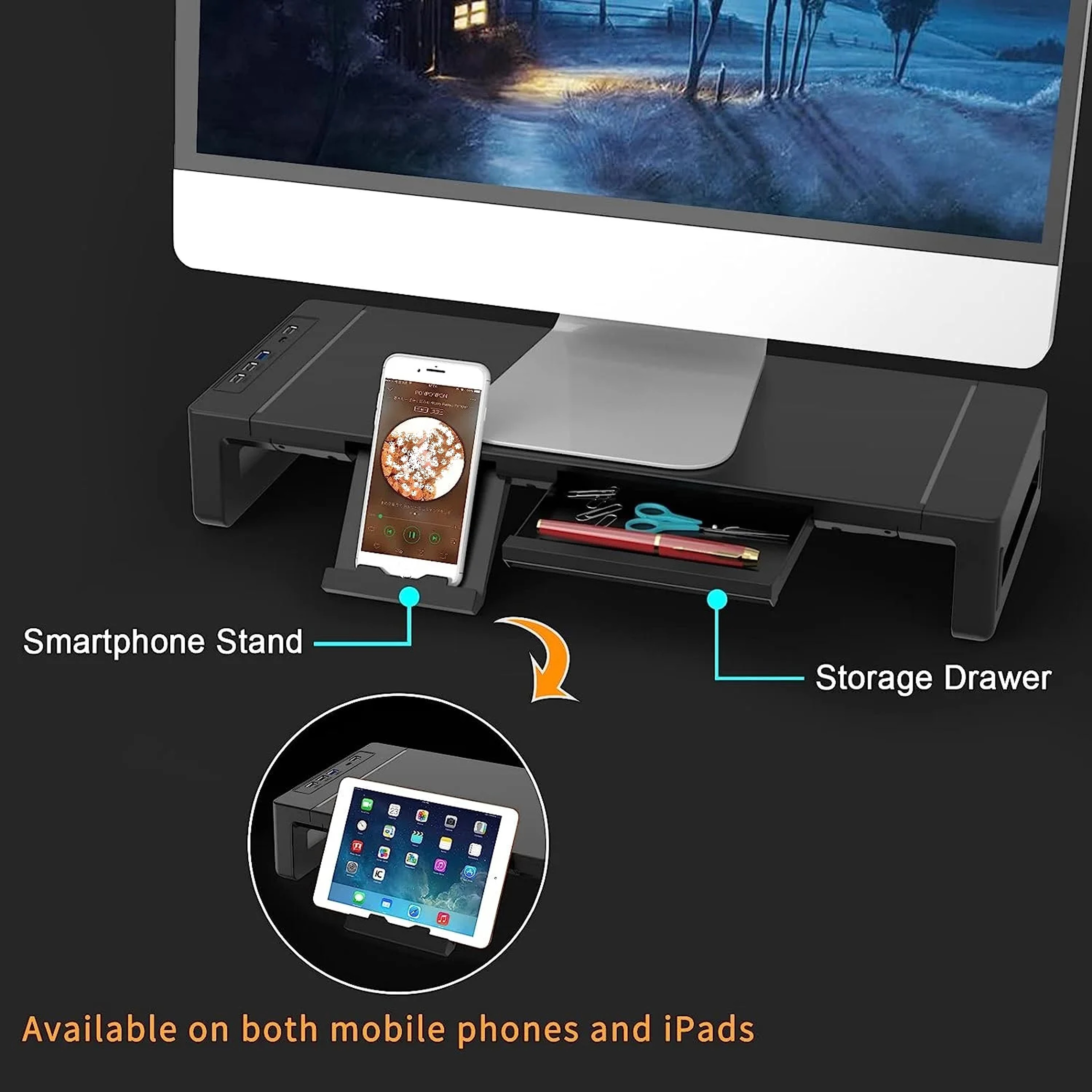 Adjustable Monitor Stand Riser With Storage Drawer Foldable Desk Shelf Organizer 1