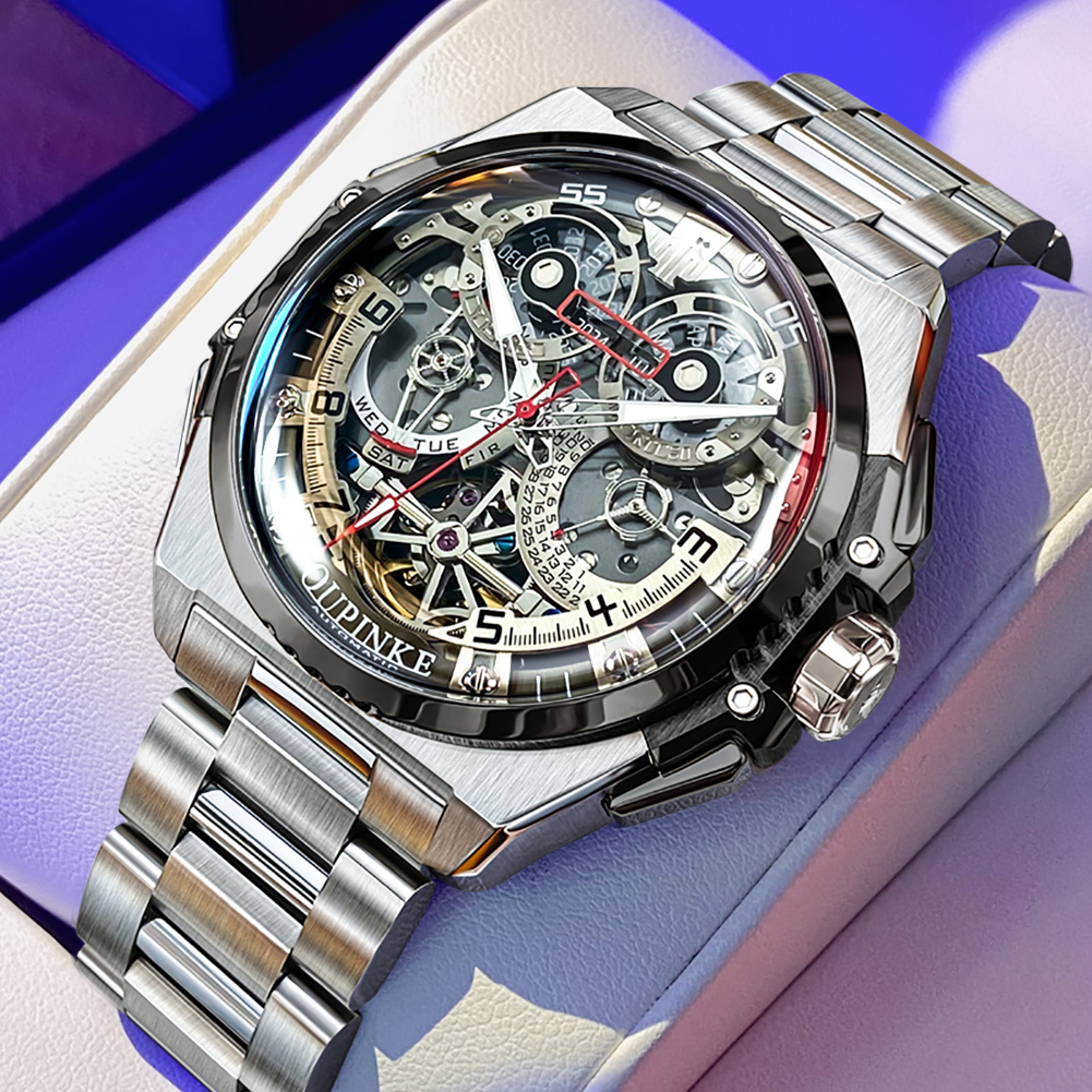Mens Skeleton Automatic Watch Stainless Steel Water Resistants – view 9