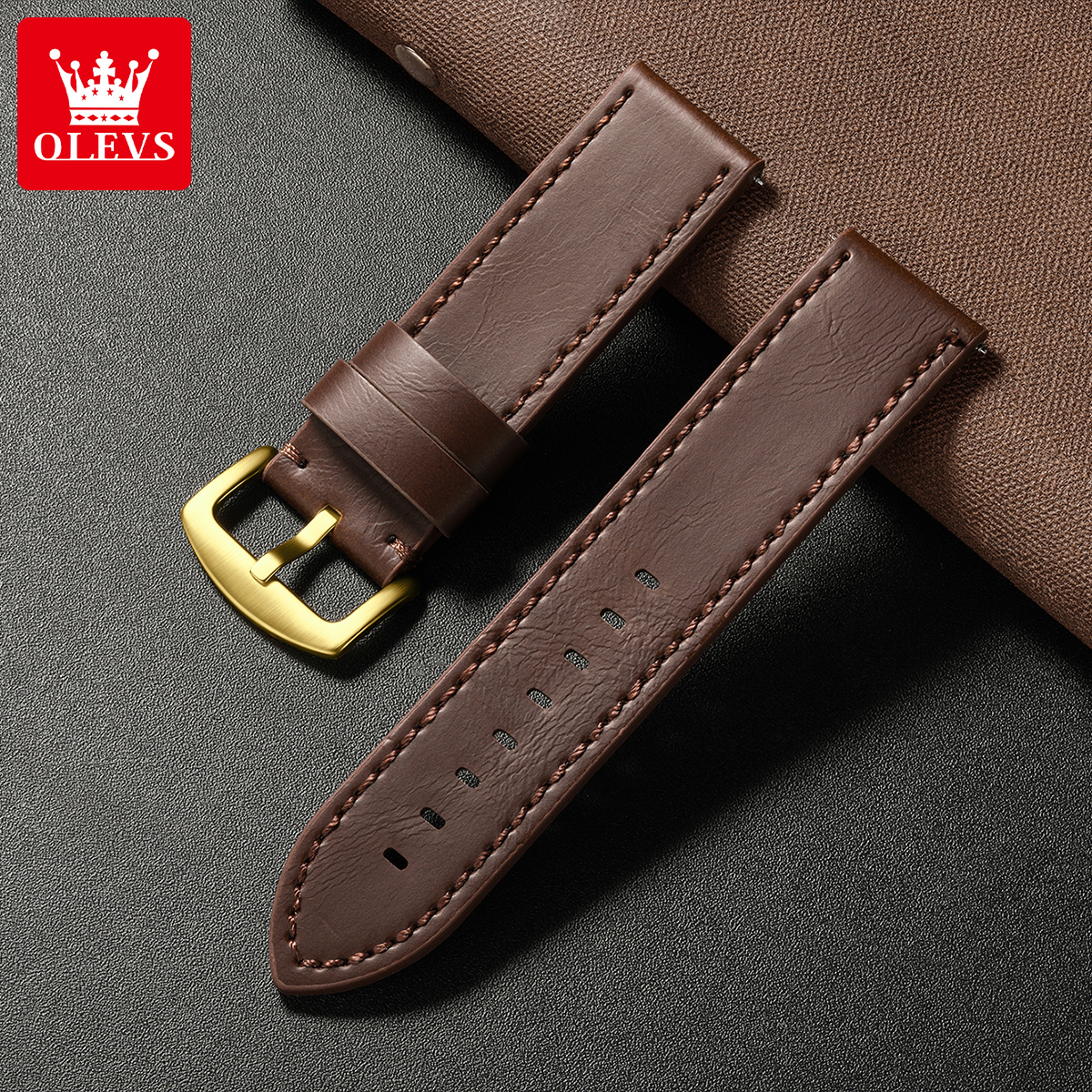 Mens Square Chronograph Watch With Leather Strap And Gold Dial 2