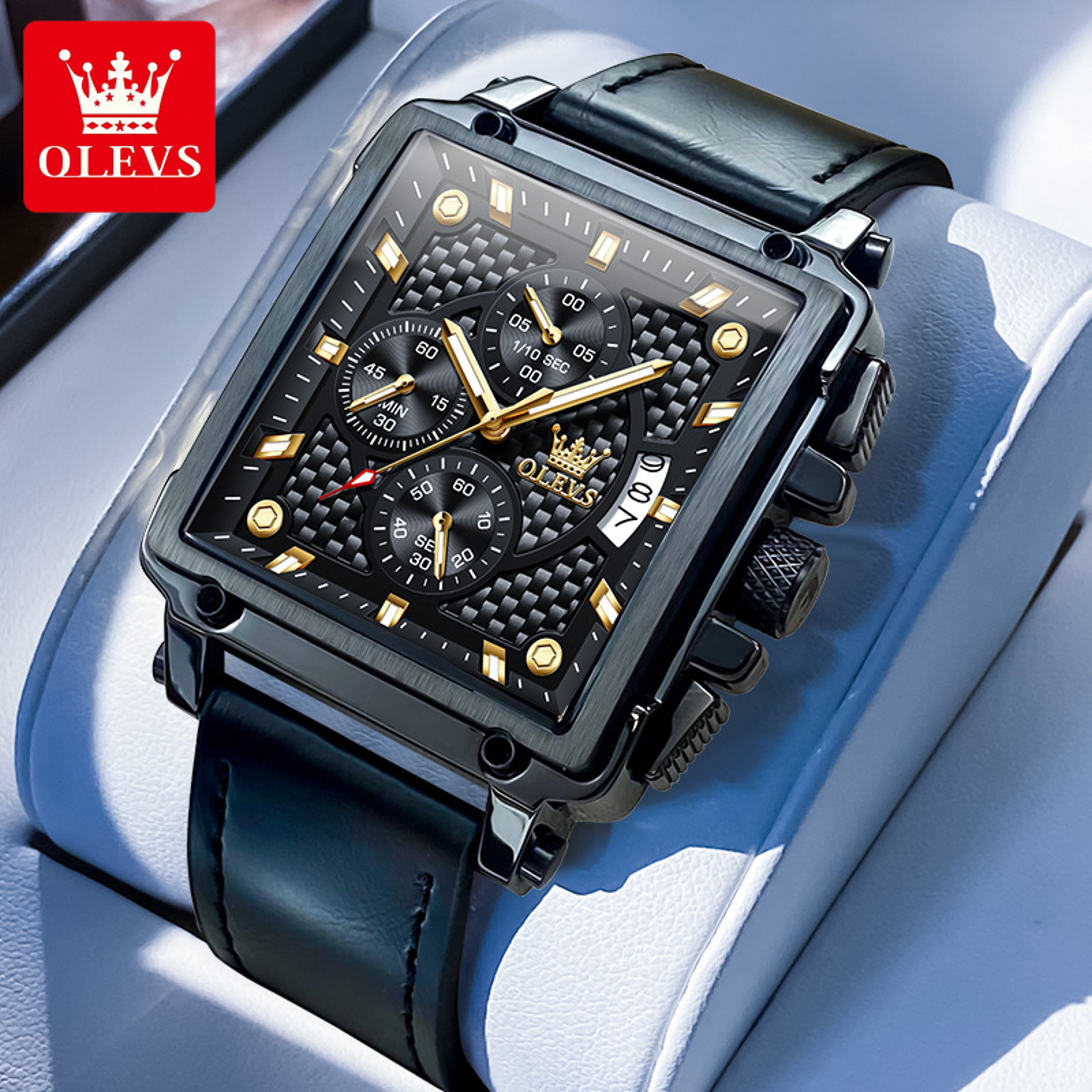 Mens Square Chronograph Watch With Leather Strap And Gold Dial 8