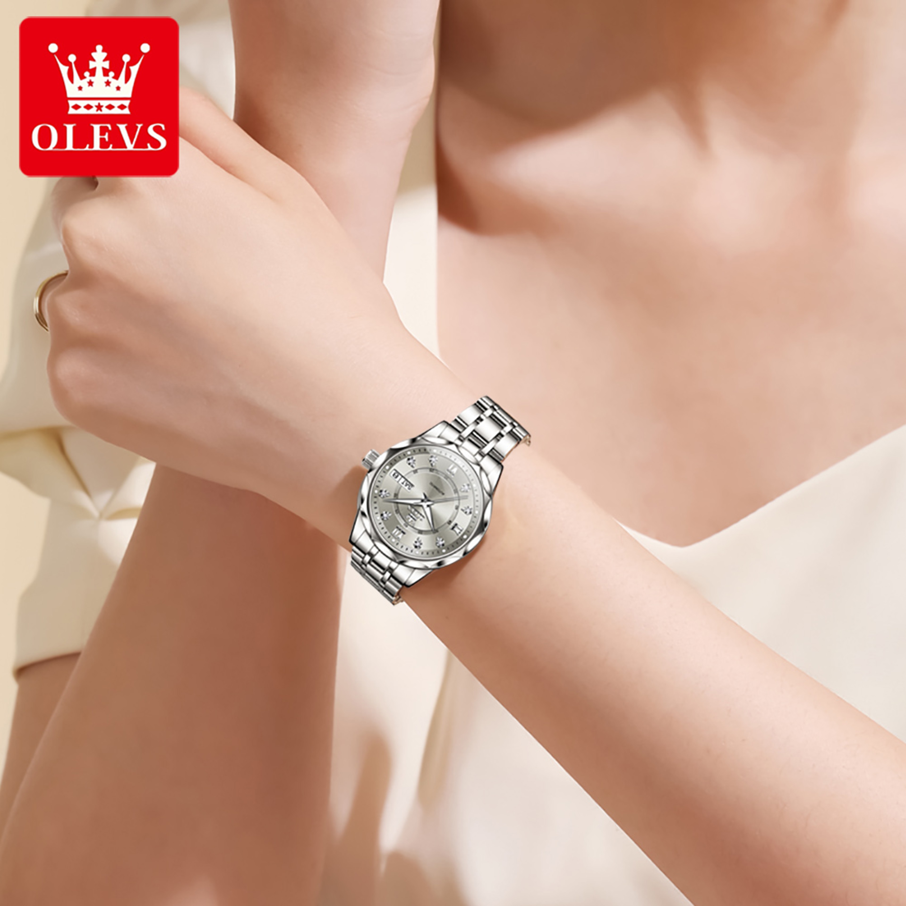 Elegant Automatic Mechanical Watch For Women With Grey Double Scale Dial Waterproof Date 2