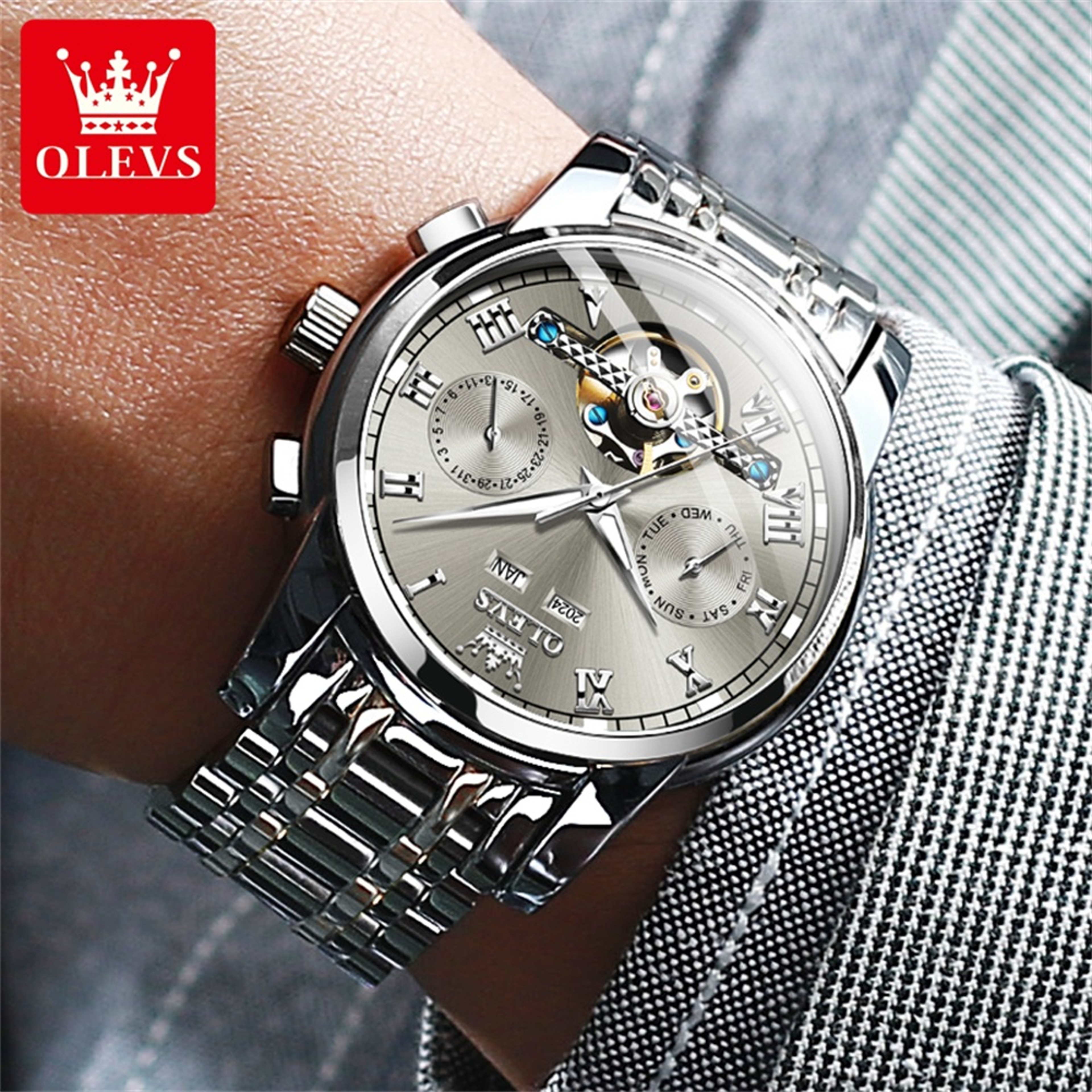 Luxury Skeleton Mechanical Watch For Men Stainless Steel Automatic Flywheel Dual Calendar Wristwatc 4