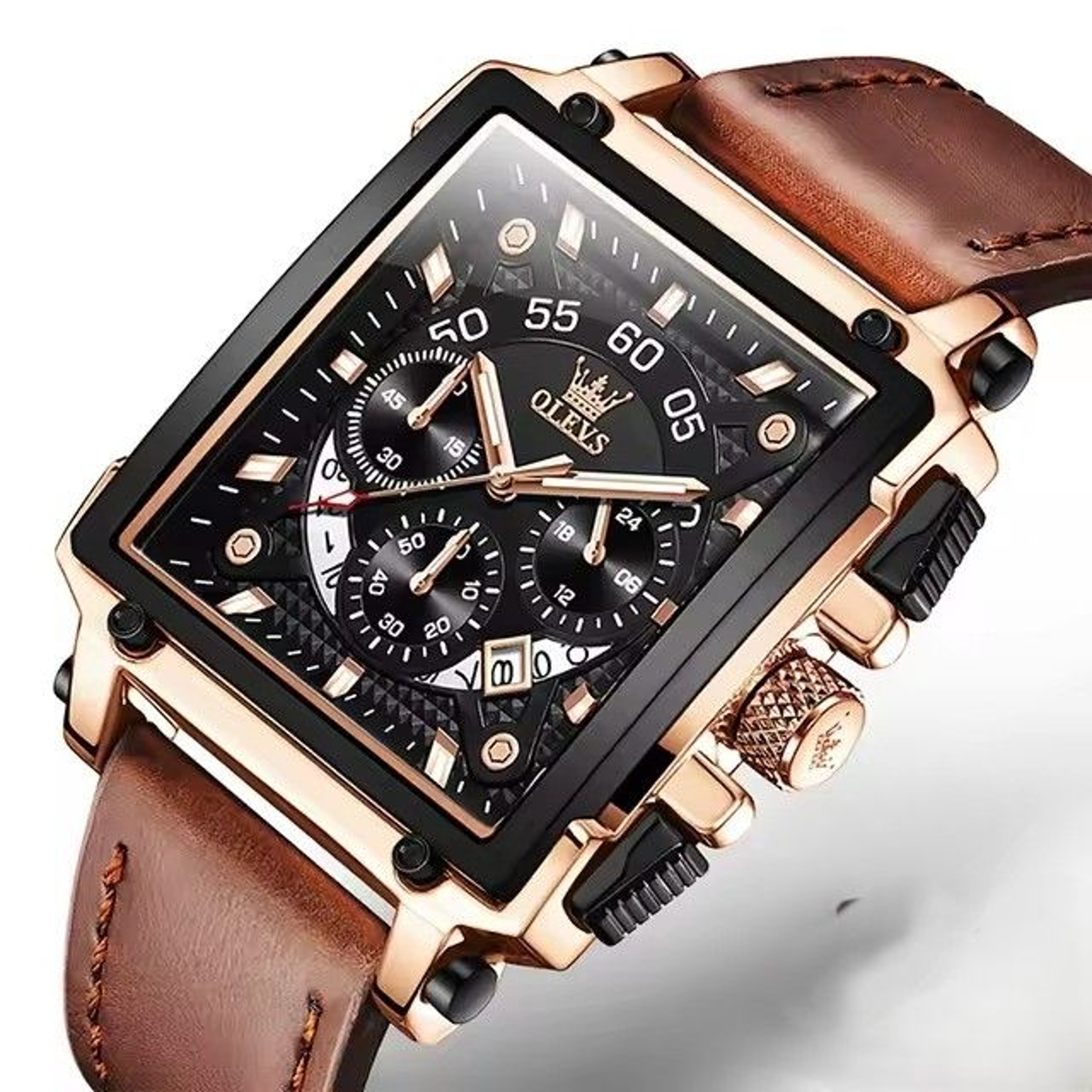 Original Quartz Square Chronograph Watch For Men With Leather Strap Waterproof Sport Design 0